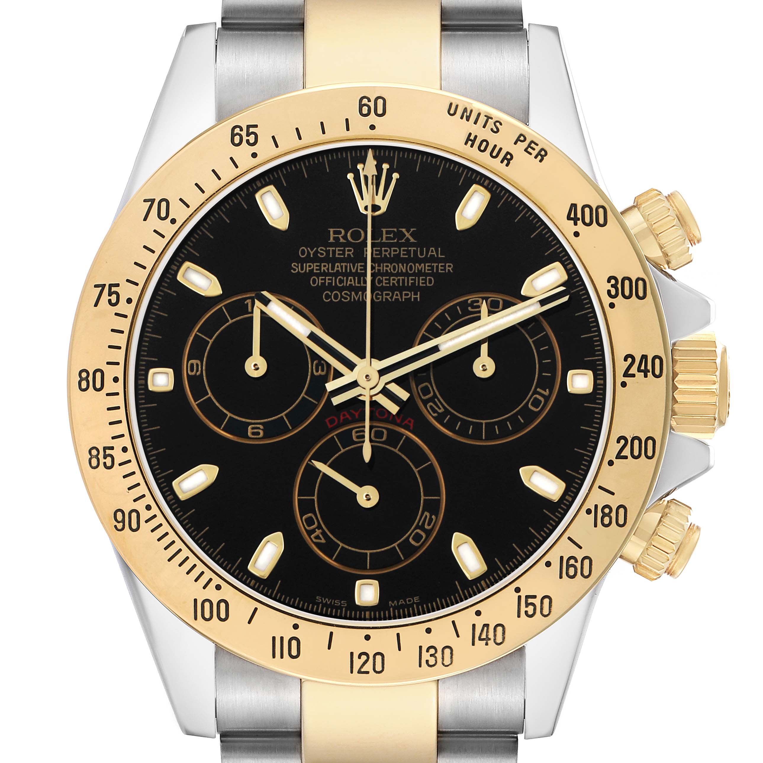 The Rolex Daytona 116523 Men
s Steel and Gold (two tone) Black Dial watch is shown from the front, highlighting its dial, bezel, and chronograph pushers.