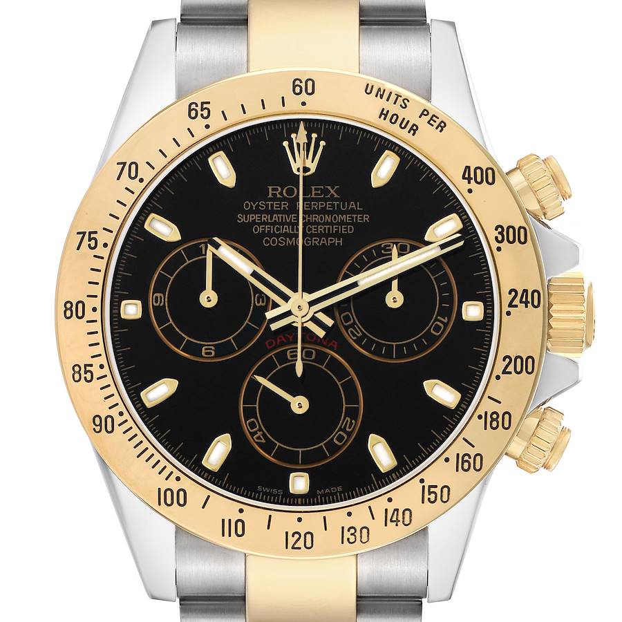 The Rolex Daytona 116523 Men's Steel and Gold (two tone) Black Dial watch is shown from the front, highlighting its dial, bezel, and chronograph pushers.