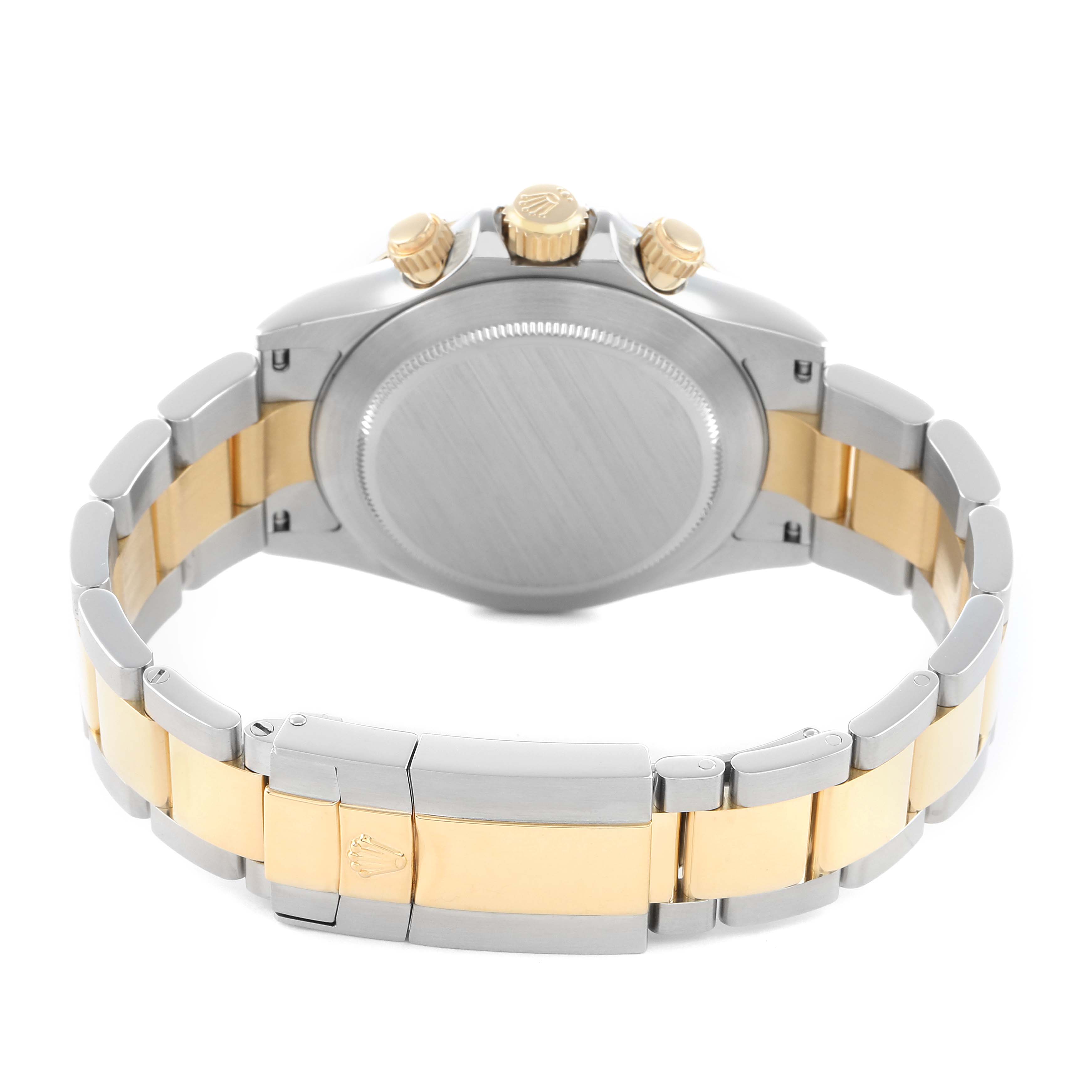 The image shows the back of a Rolex Daytona 116523 Men
s Steel and Gold (two tone) Black Dial watch, highlighting the clasp, bracelet, and crown.