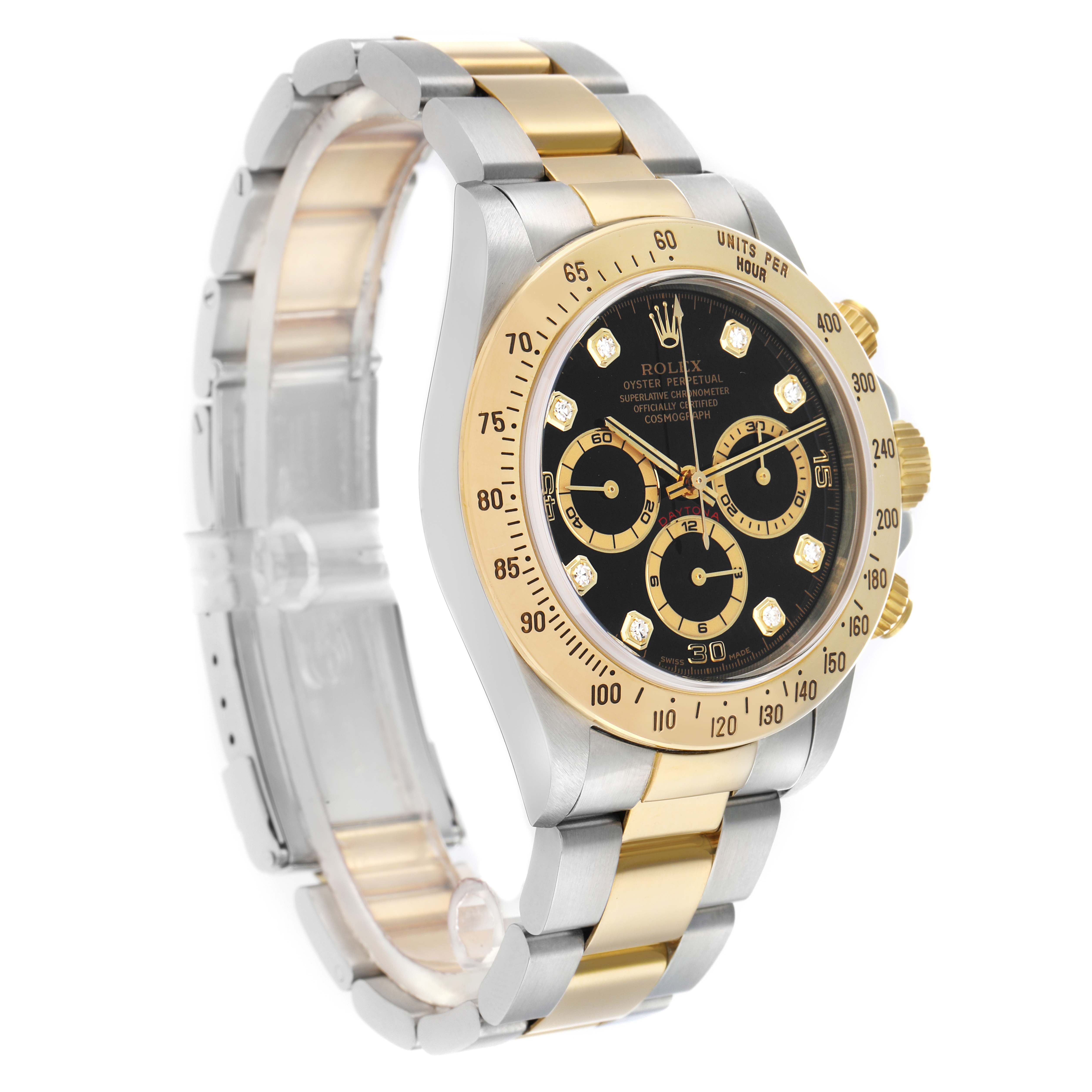 The Rolex Daytona 16523 Men
s Steel and Gold (two tone) Black Dial watch is shown in a three-quarter angle, highlighting the face, bezel, and part of the bracelet.