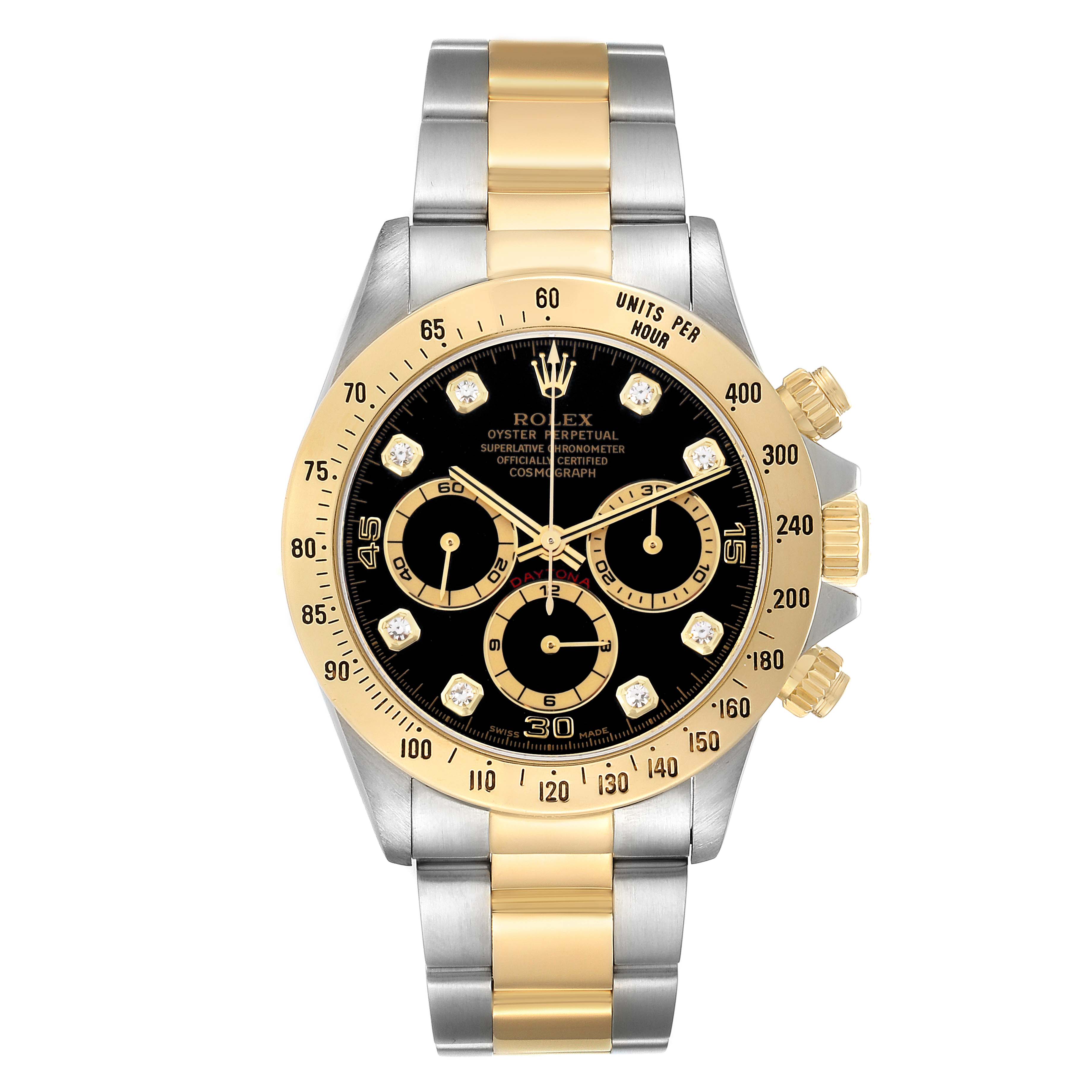 The image shows a Rolex Daytona 16523 Men
s Steel and Gold (two tone) Black Dial watch from a front angle, highlighting its gold and silver bracelet, bezel, and detailed dial.