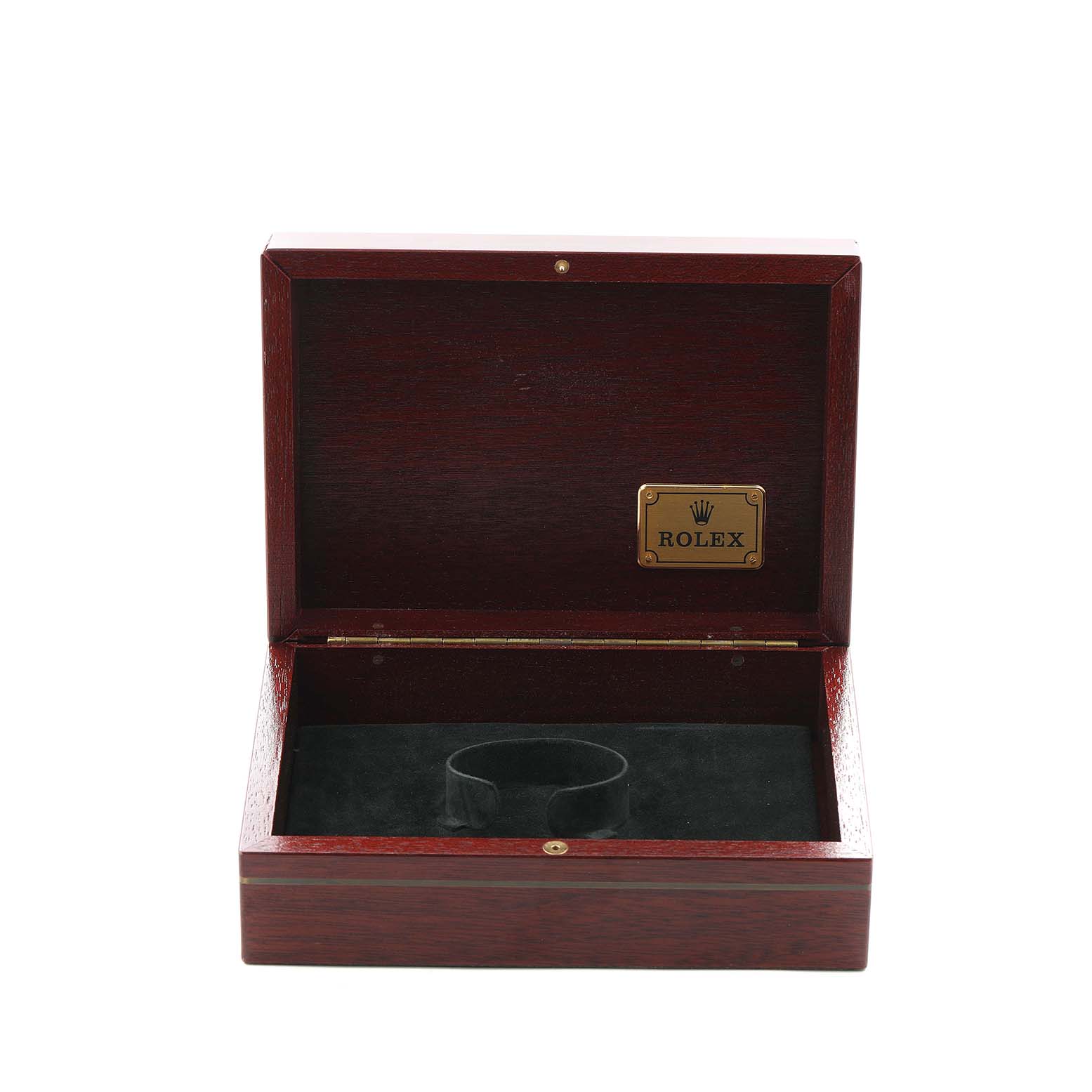 The image shows an open Rolex watch box for a Daytona model, viewed from the front.