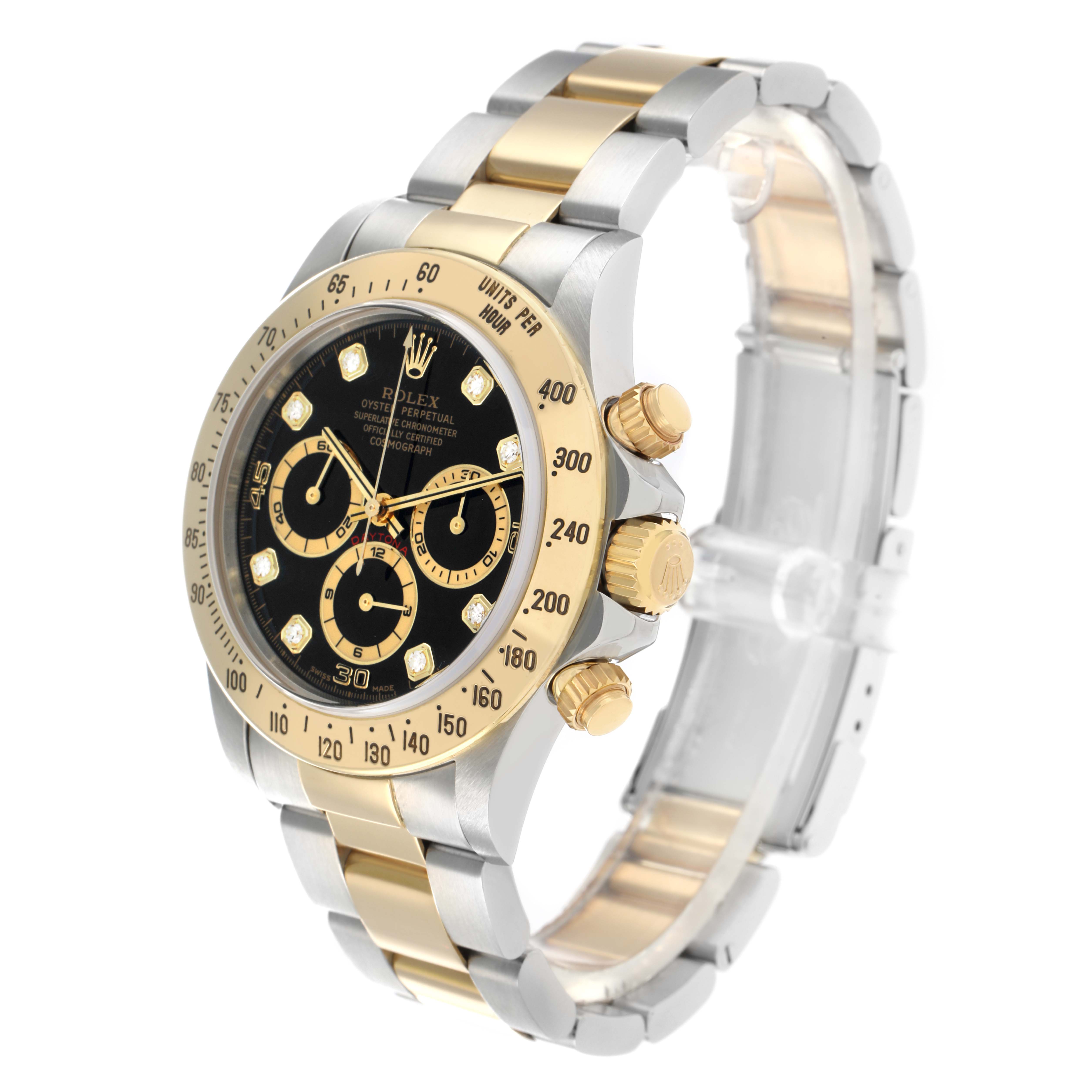The Rolex Daytona 16523 Men
s Steel and Gold (two tone) Black Dial watch is shown at a three-quarter angle, highlighting its bezel, dial, and bracelet.