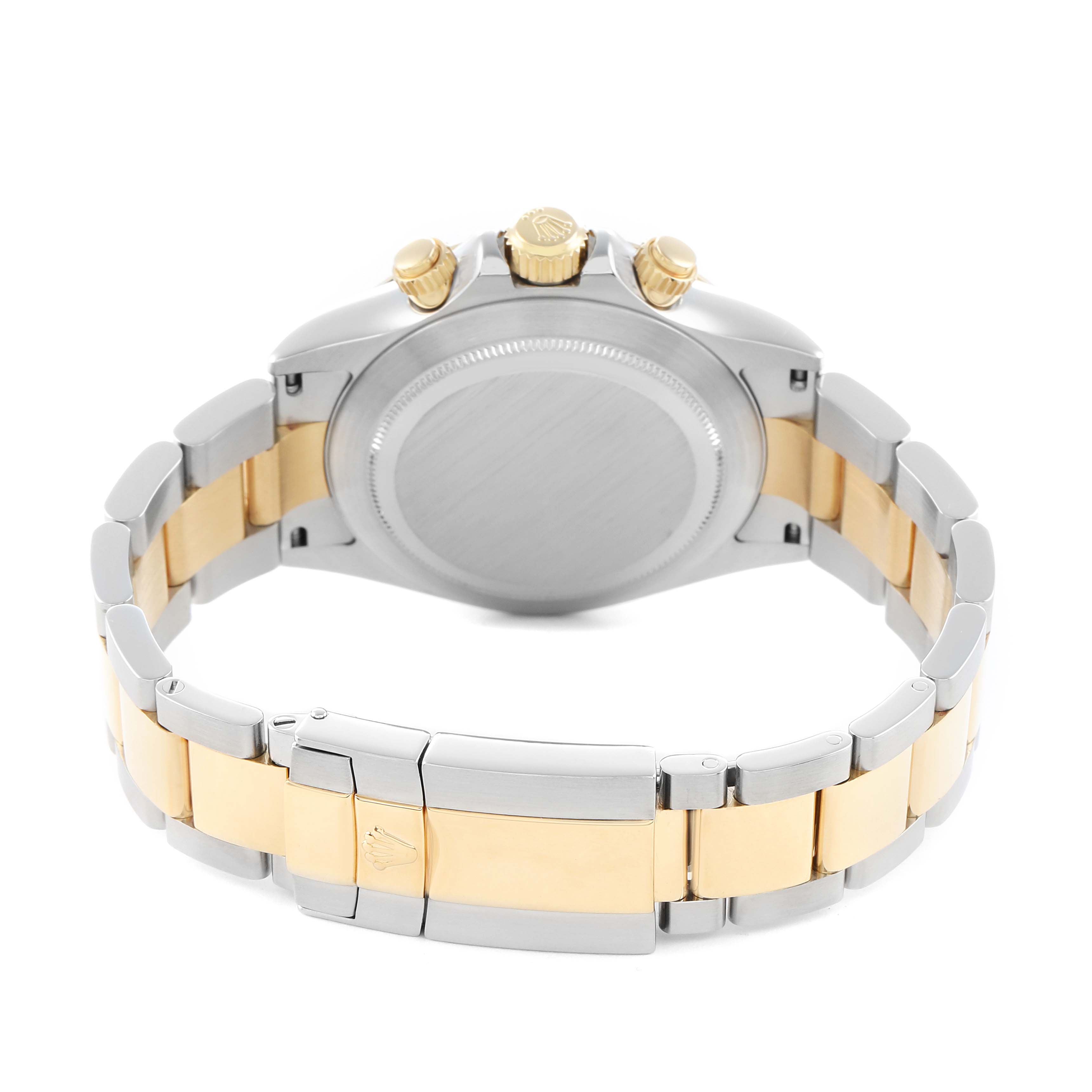 The image shows the back and bracelet of a Rolex Daytona 116523 Men
s Steel and Gold (two tone) Champagne Dial watch, highlighting the clasp and crown from a rear angle.