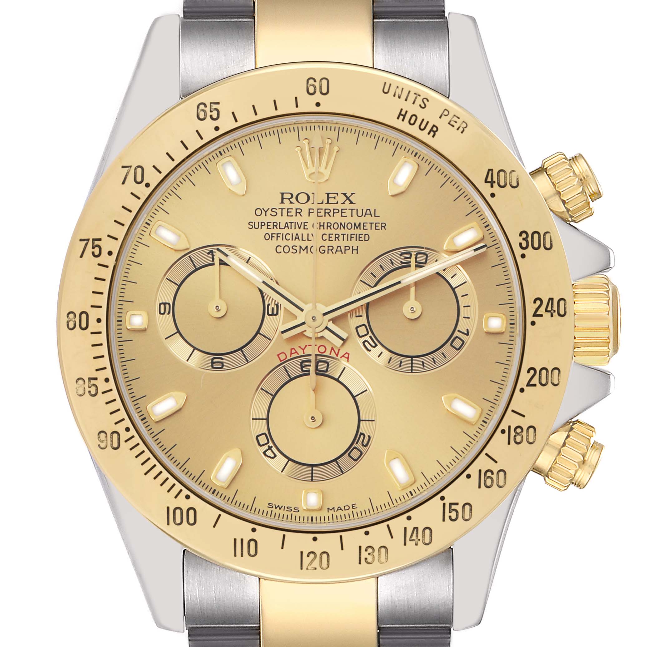 The image shows a front view of the Rolex Daytona 116523 Men
s Steel and Gold (two tone) Champagne Dial with a gold dial, bezel, and pushers, highlighting its chronograph subdials.