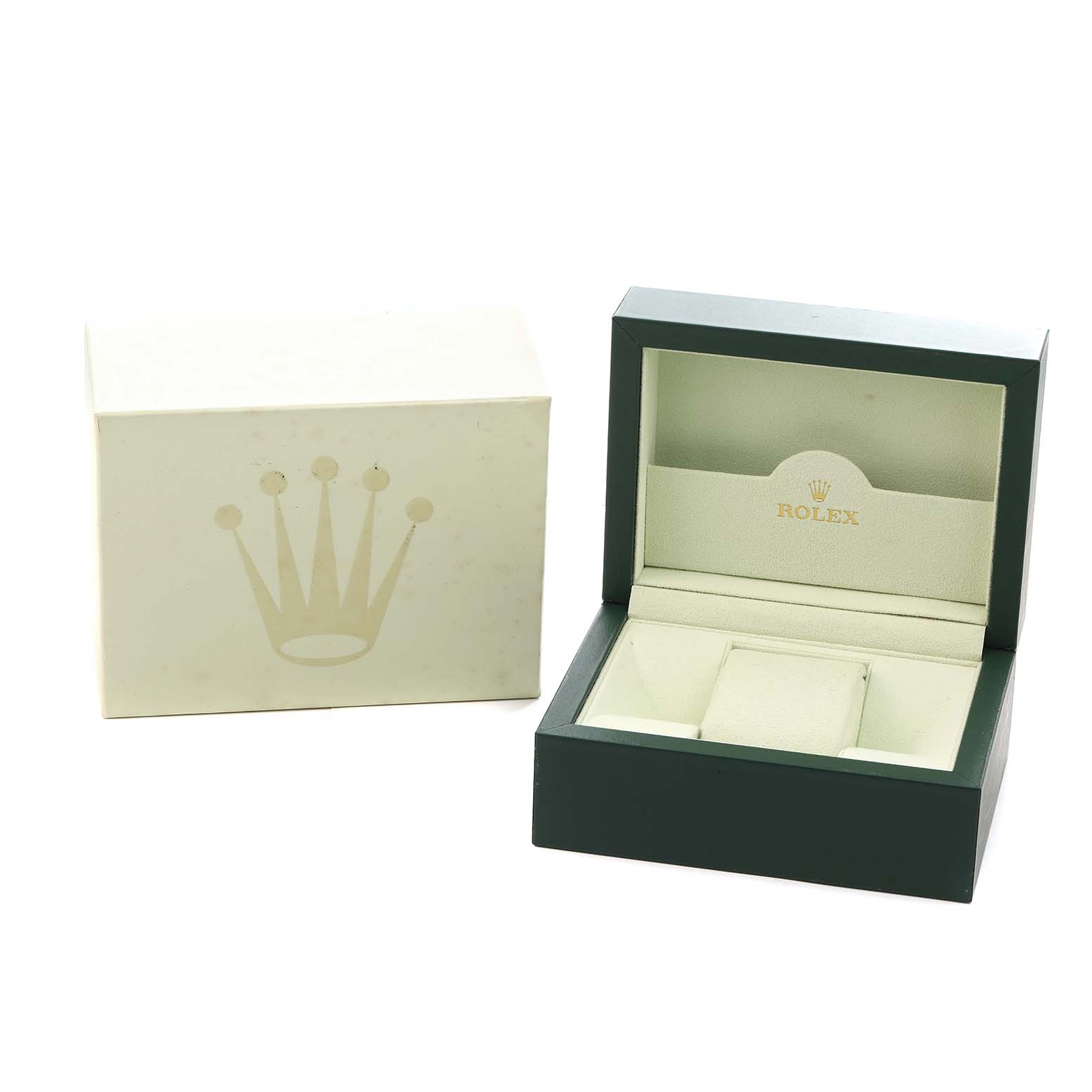 The image shows an open Rolex box for the Daytona model, with a separate lid displaying the Rolex crown logo.