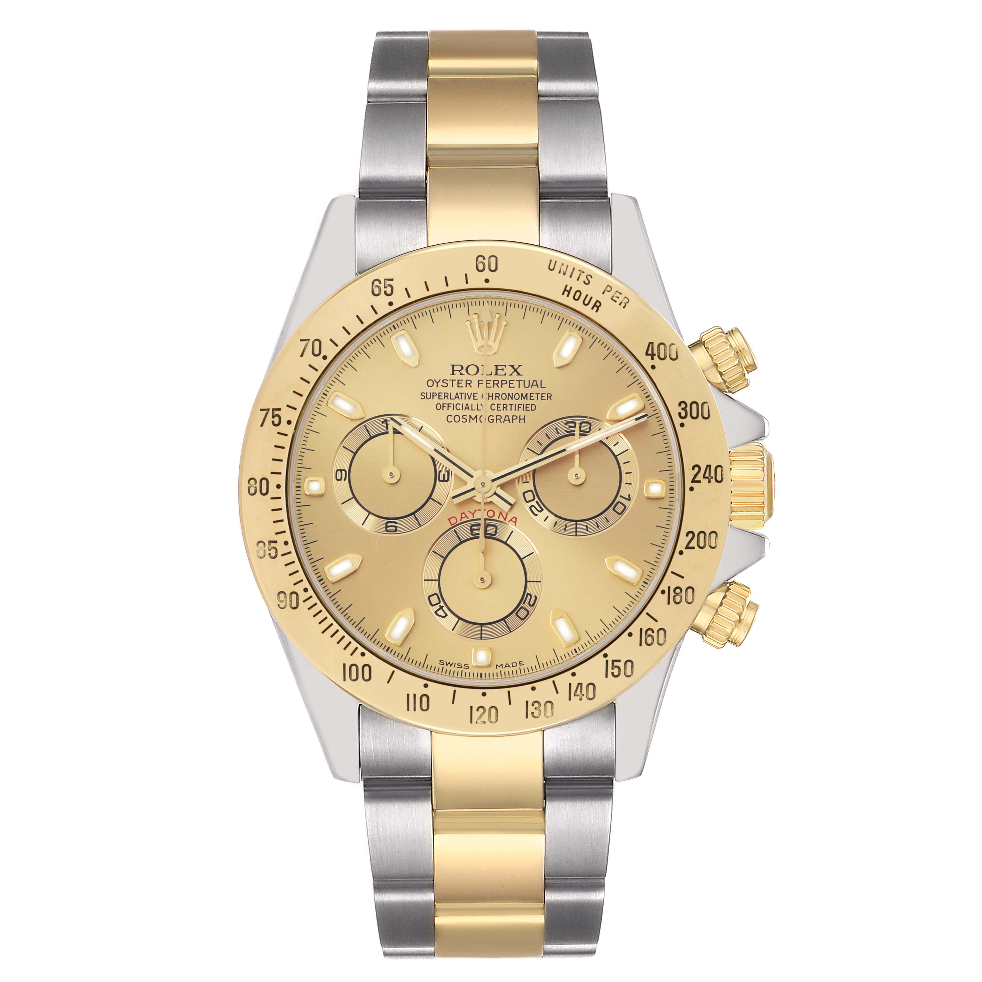 The Rolex Daytona 116523 Men
s Steel and Gold (two tone) Champagne Dial watch is shown from a front angle, highlighting its gold and silver bracelet, bezel, and face with subdials.