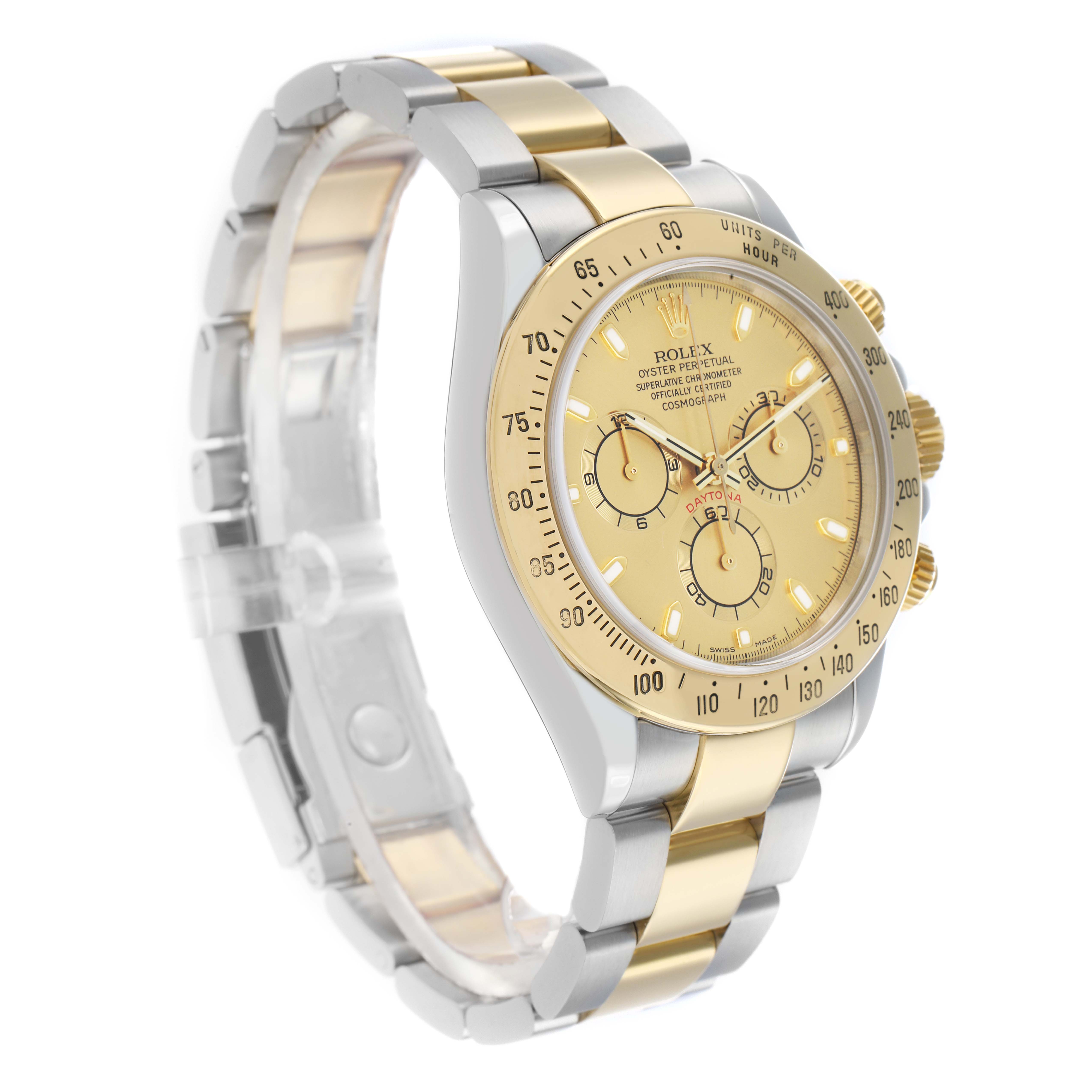 The Rolex Daytona 116523 Men
s Steel and Gold (two tone) Champagne Dial watch is shown at a three-quarter angle, displaying the face, bezel, crown, and part of the bracelet.