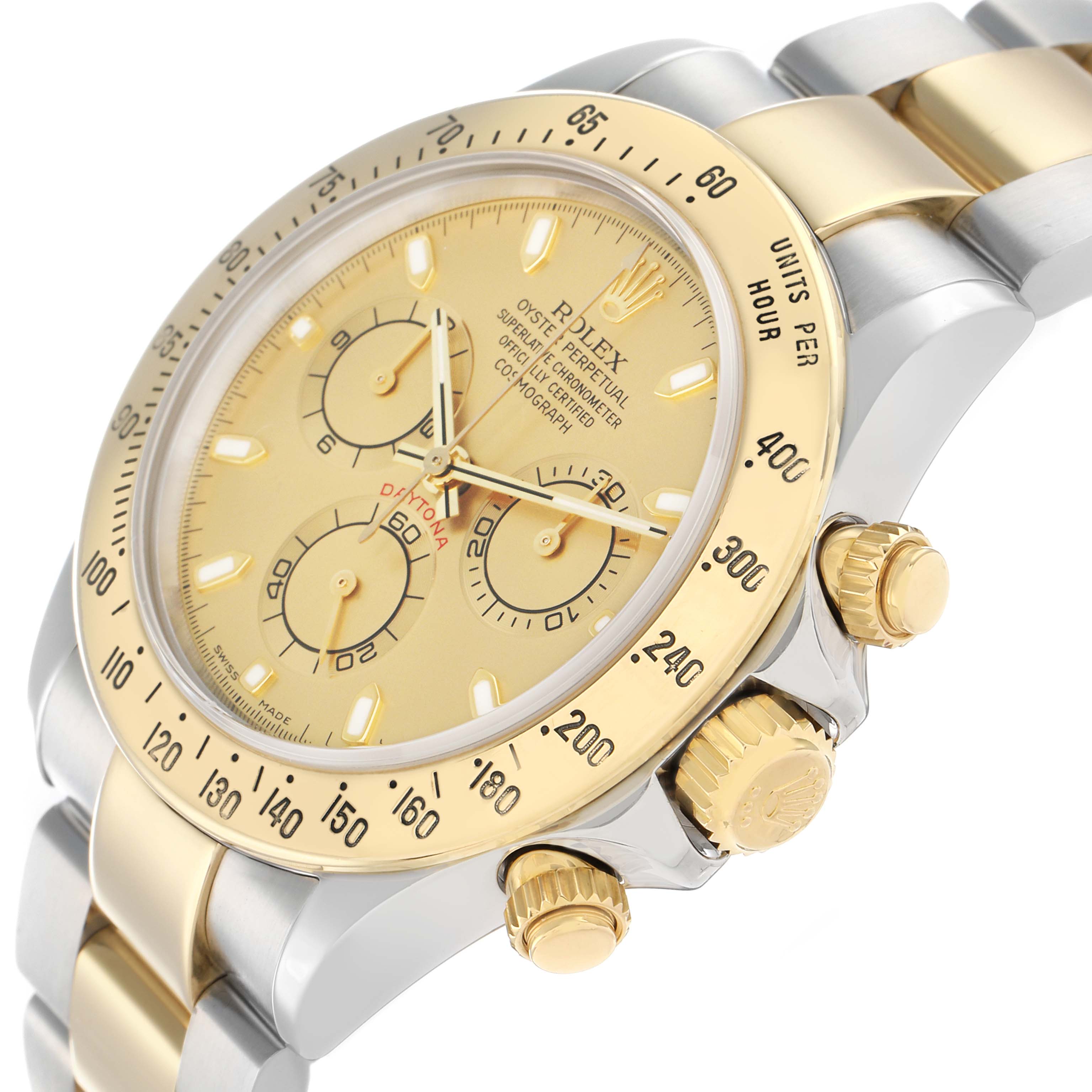 The Rolex Daytona 116523 Men
s Steel and Gold (two tone) Champagne Dial watch is shown at a slight angle, highlighting the bezel, dial, pushers, and part of the bracelet.
