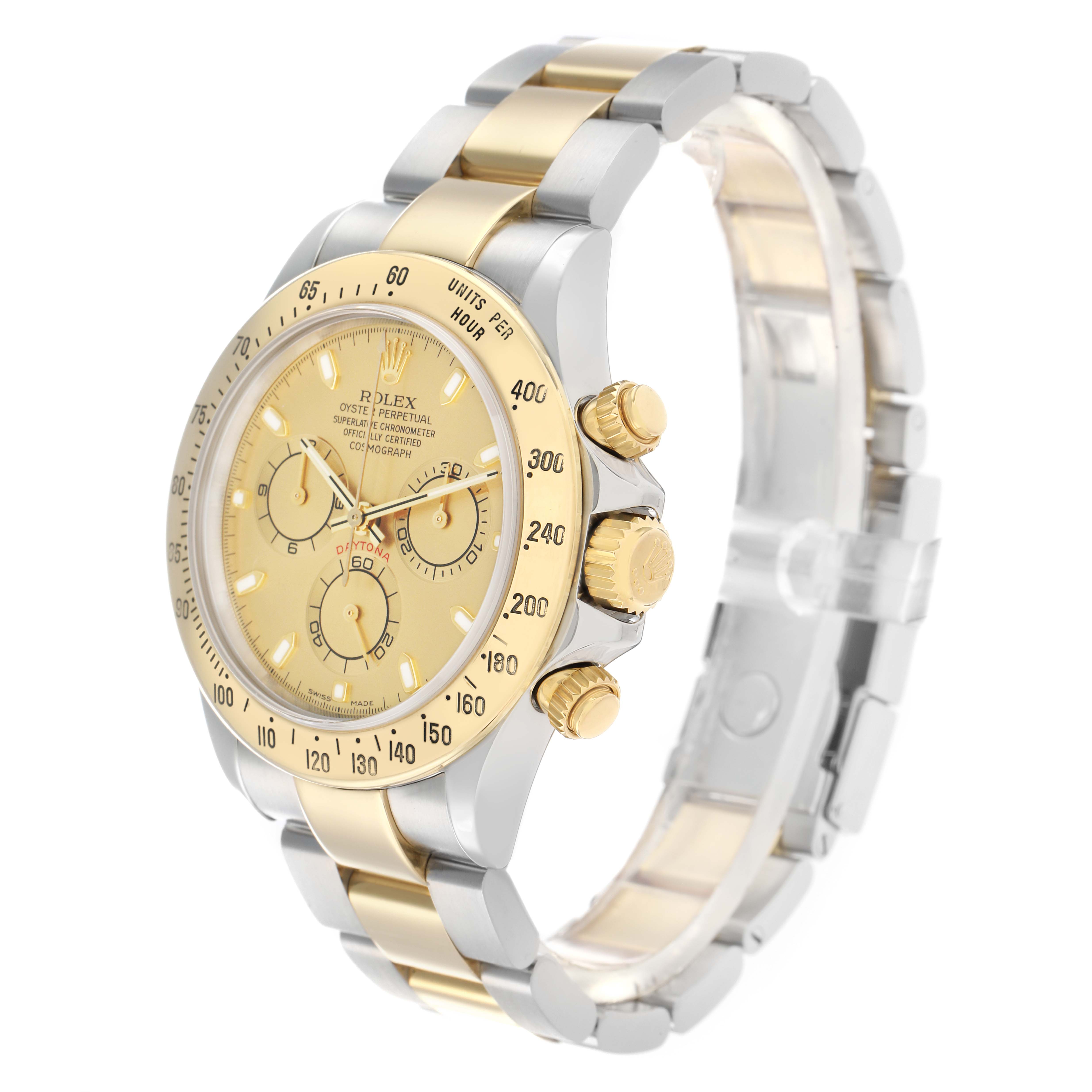 The Rolex Daytona 116523 Men
s Steel and Gold (two tone) Champagne Dial watch is shown at a slight angle, highlighting the dial, bezel, crown, and bracelet.