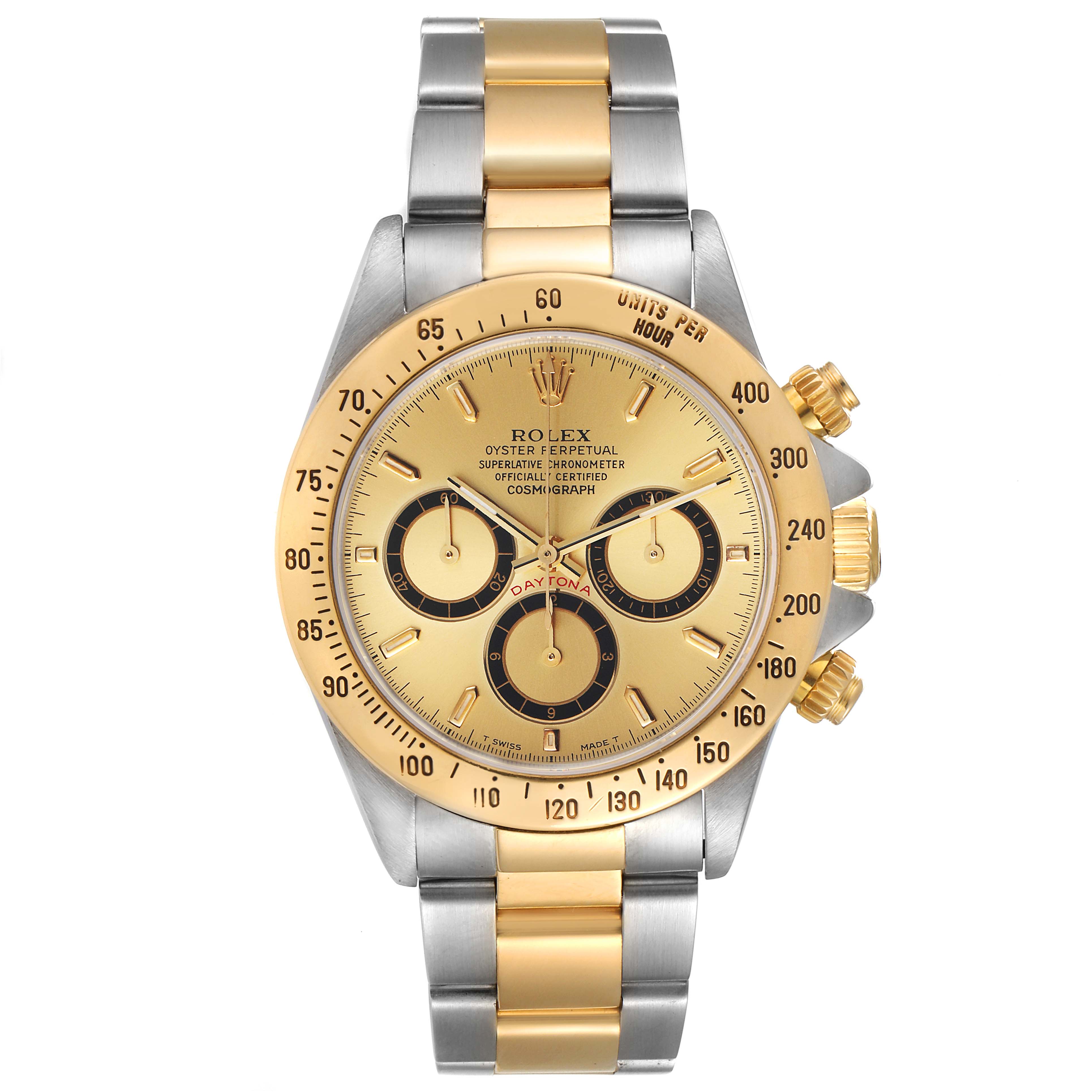 The image shows a front view of the Rolex Daytona 16523 Men
s Steel and Gold (two tone) Champagne Dial 16523 Men
s Steel and Gold (two tone) Champagne Dial watch, displaying the face, bezel, and bracelet.