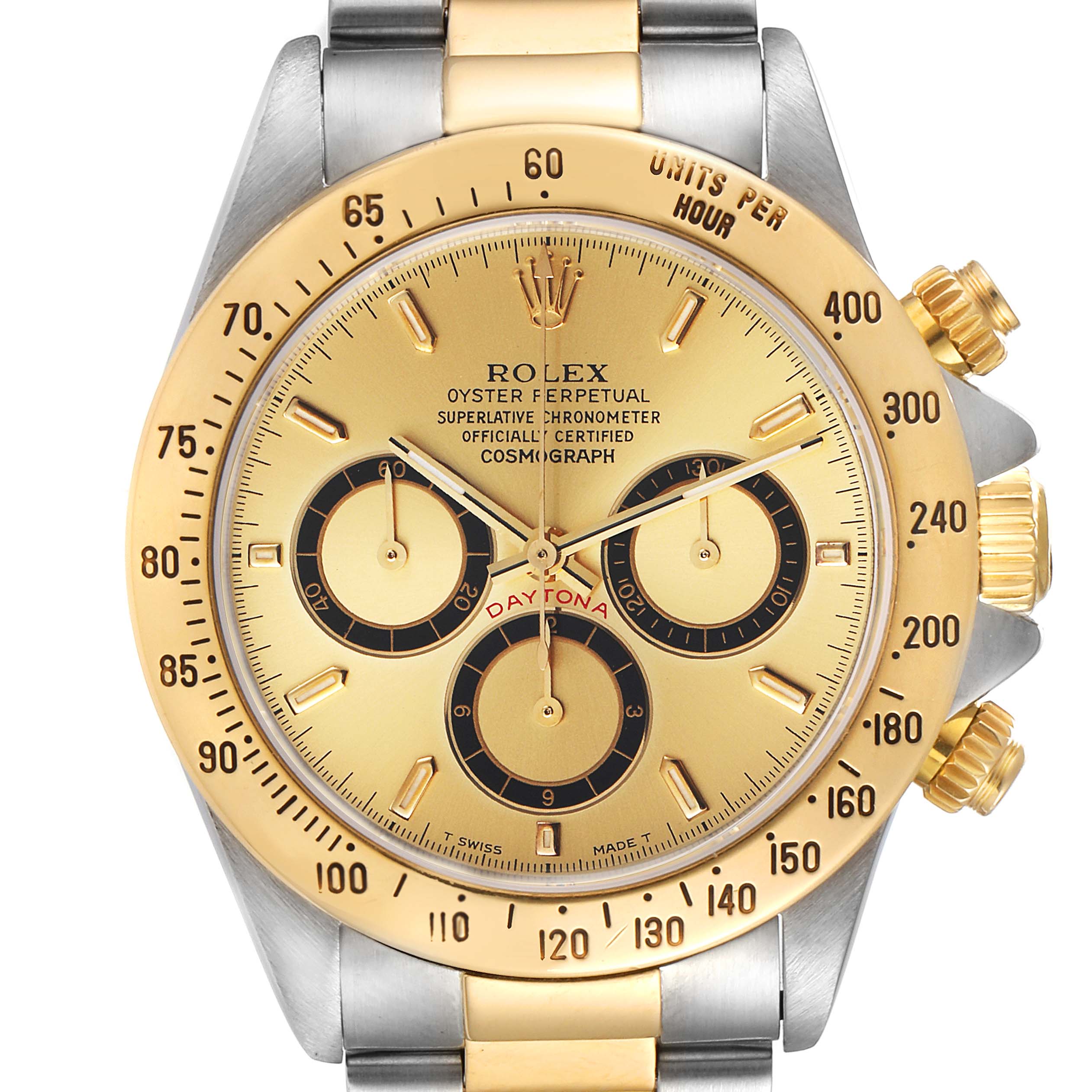 This image shows a close-up of a Rolex Daytona 16523 Men
s Steel and Gold (two tone) Champagne Dial 16523 Men
s Steel and Gold (two tone) Champagne Dial watch face and part of its two-tone metal bracelet.