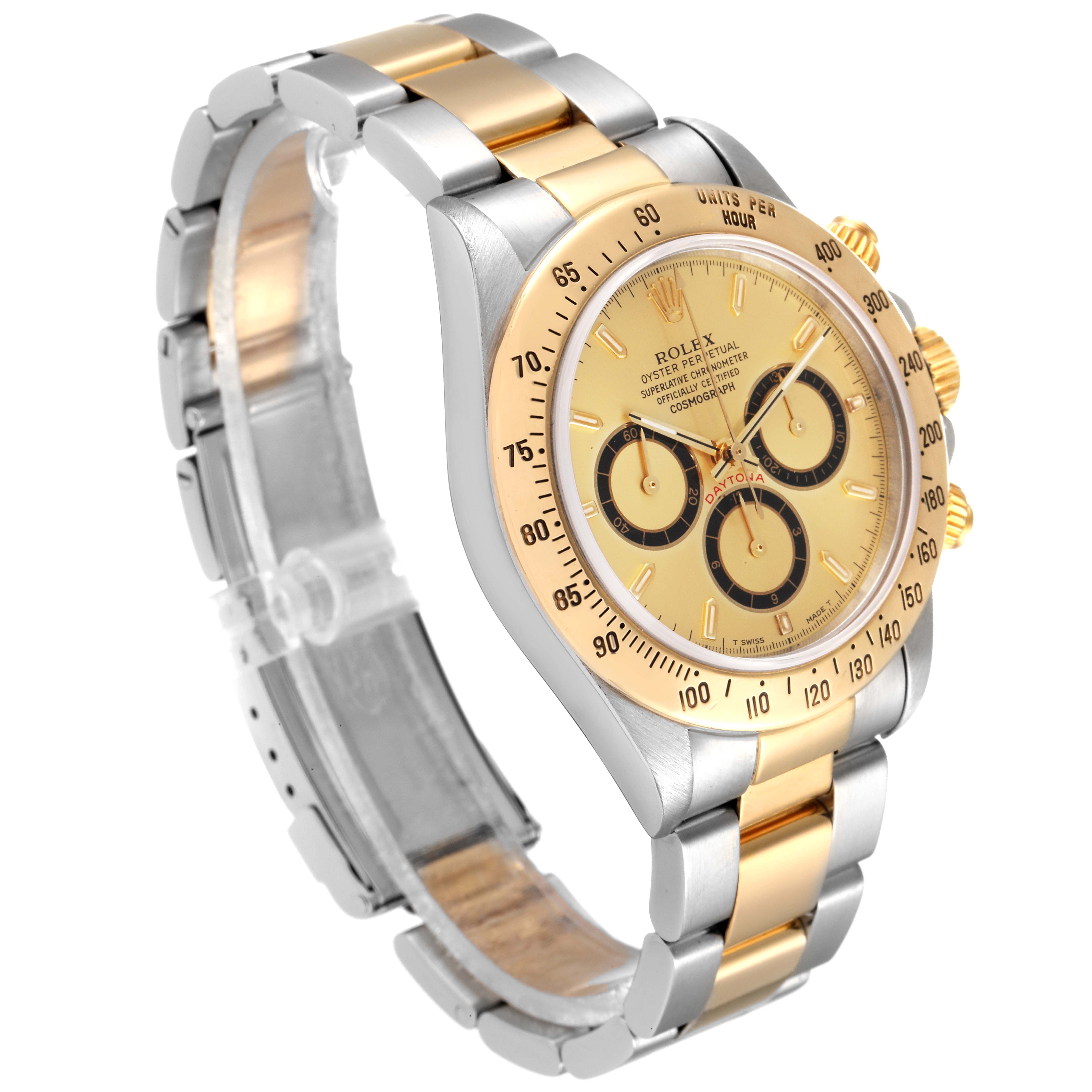 This image shows a side angle view of a Rolex Daytona 16523 Men
s Steel and Gold (two tone) Champagne Dial 16523 Men
s Steel and Gold (two tone) Champagne Dial model watch, highlighting the bracelet, bezel, and face.