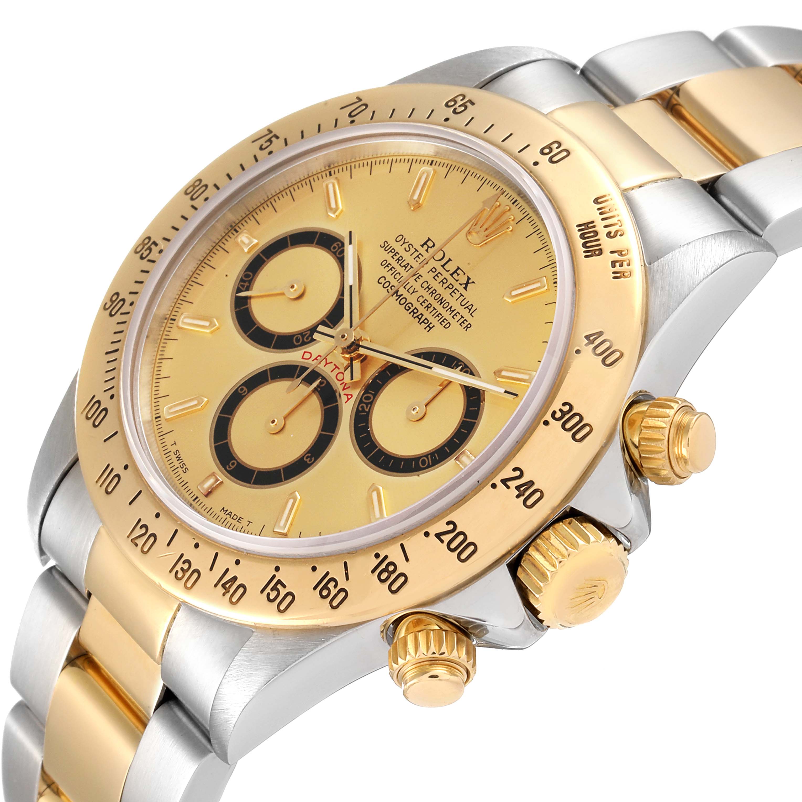 This image shows a close-up angle of a Rolex Daytona 16523 Men
s Steel and Gold (two tone) Champagne Dial 16523 Men
s Steel and Gold (two tone) Champagne Dial watch, focusing on the dial, bezel, crown, and pushers.