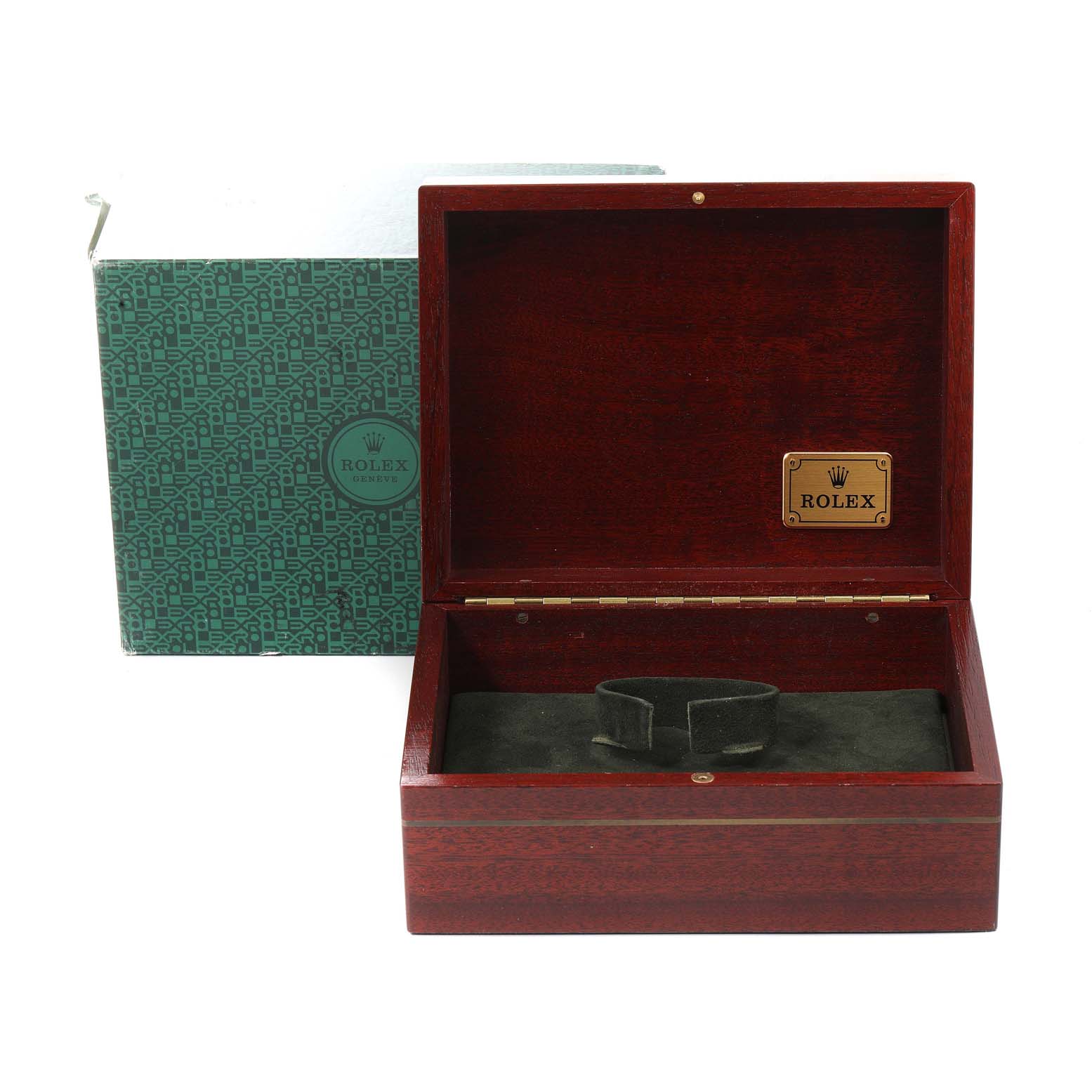 The image shows the open wooden box and green packaging for a Rolex Daytona 16523 Men
s Steel and Gold (two tone) Champagne Dial 16523 Men
s Steel and Gold (two tone) Champagne Dial model watch.