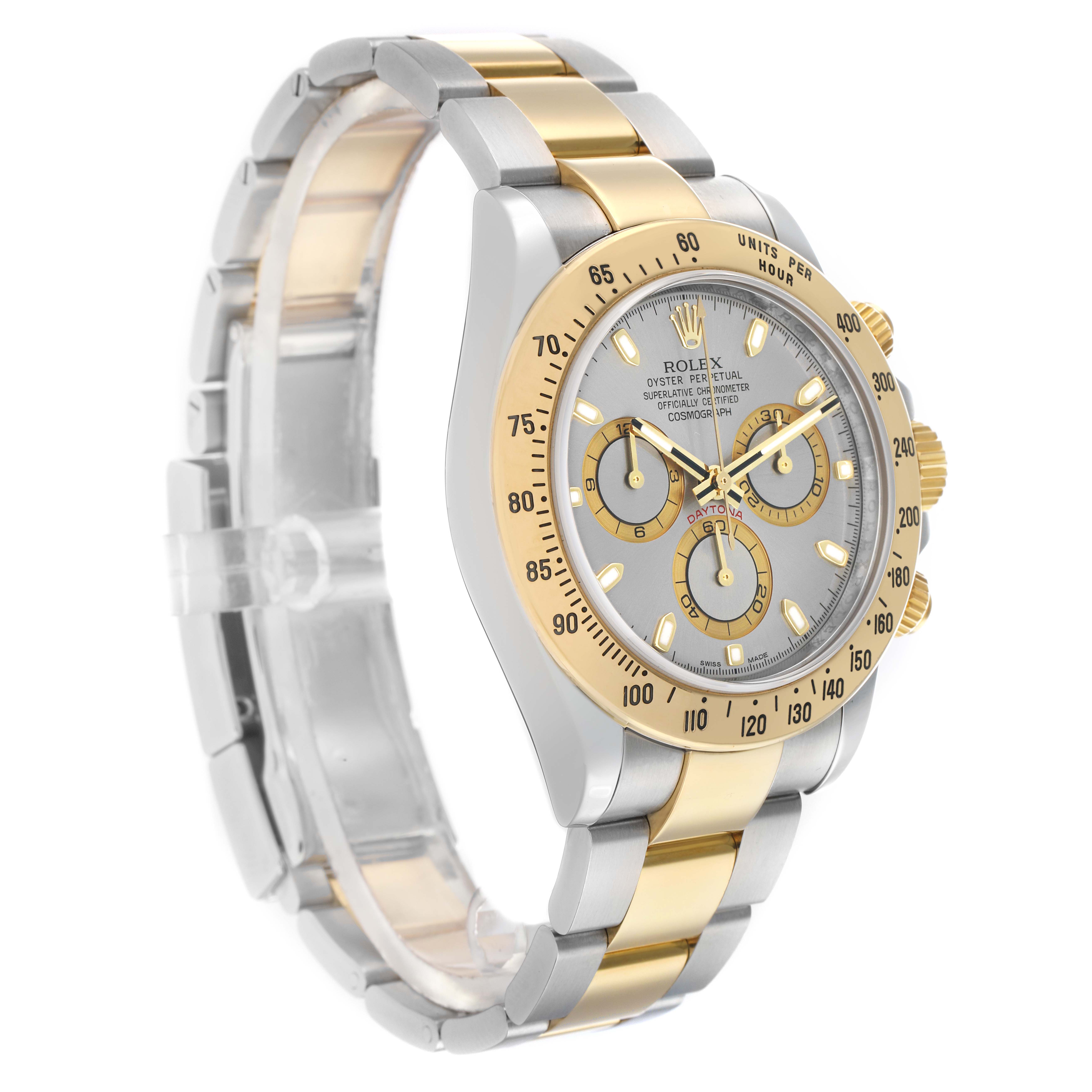 The Rolex Daytona 116523 Men
s Steel and Gold (two tone) Silver Dial watch is shown at a side angle, highlighting the bezel, dial, crown, and two-tone bracelet.