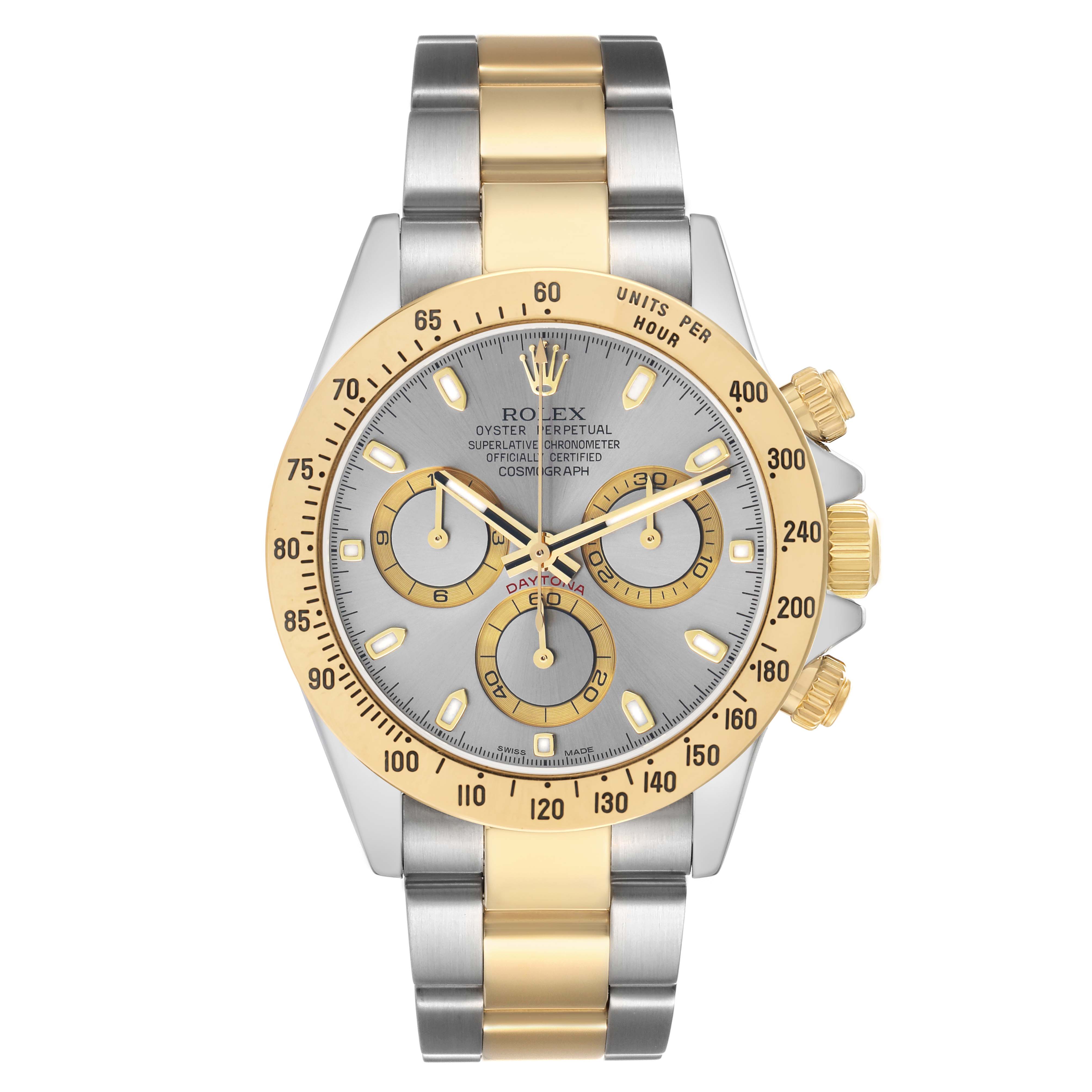 The Rolex Daytona 116523 Men
s Steel and Gold (two tone) Silver Dial watch is shown from a front view, highlighting its gold bezel, silver dial, and two-tone bracelet.