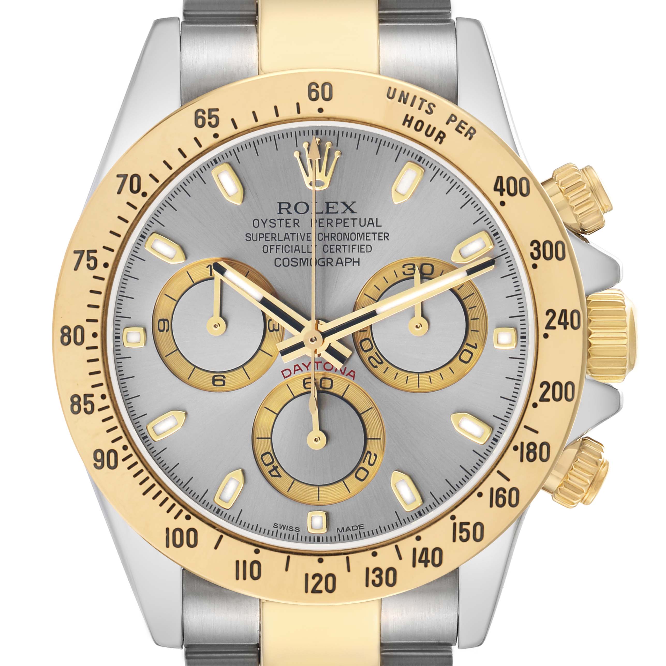 The image shows a front view of the Rolex Daytona 116523 Men
s Steel and Gold (two tone) Silver Dial, highlighting the bezel, subdials, and pushers.
