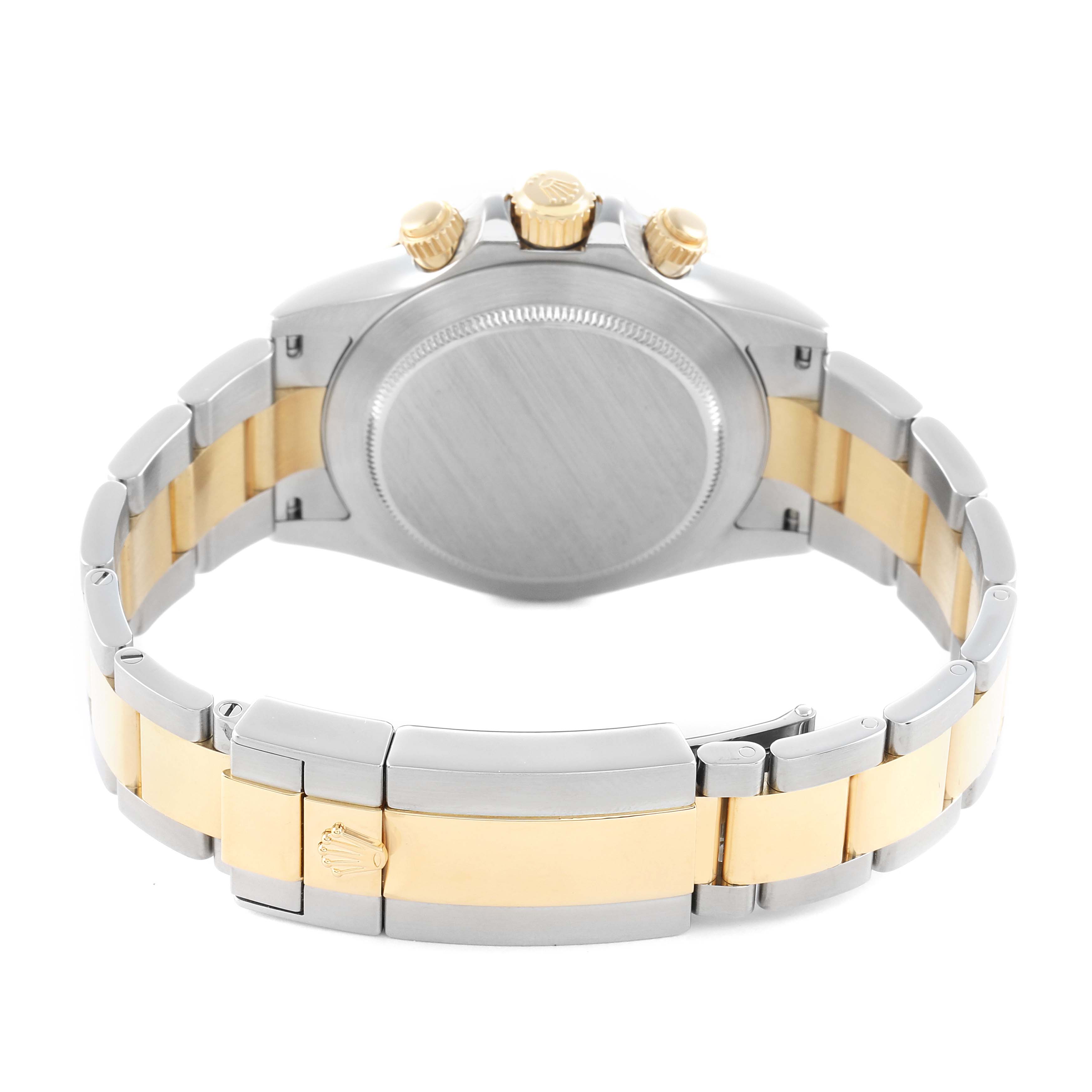 The image shows the back of a Rolex Daytona 116523 Men
s Steel and Gold (two tone) Silver Dial watch, highlighting its case back, bracelet, and clasp.