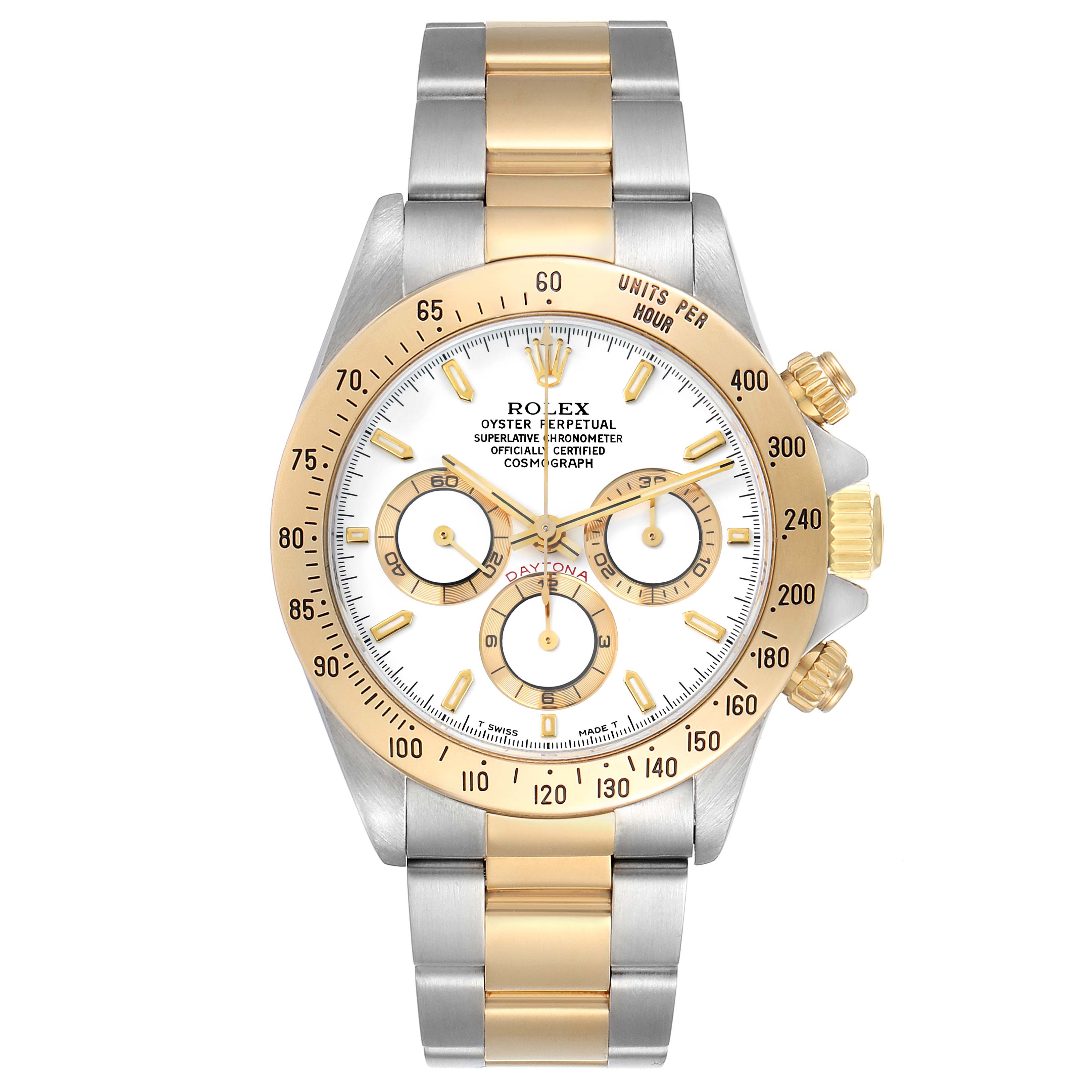 The Rolex Daytona 16523 Men
s Steel and Gold (two tone) White Dial watch is shown from the front, highlighting its bezel, dial, and bracelet.