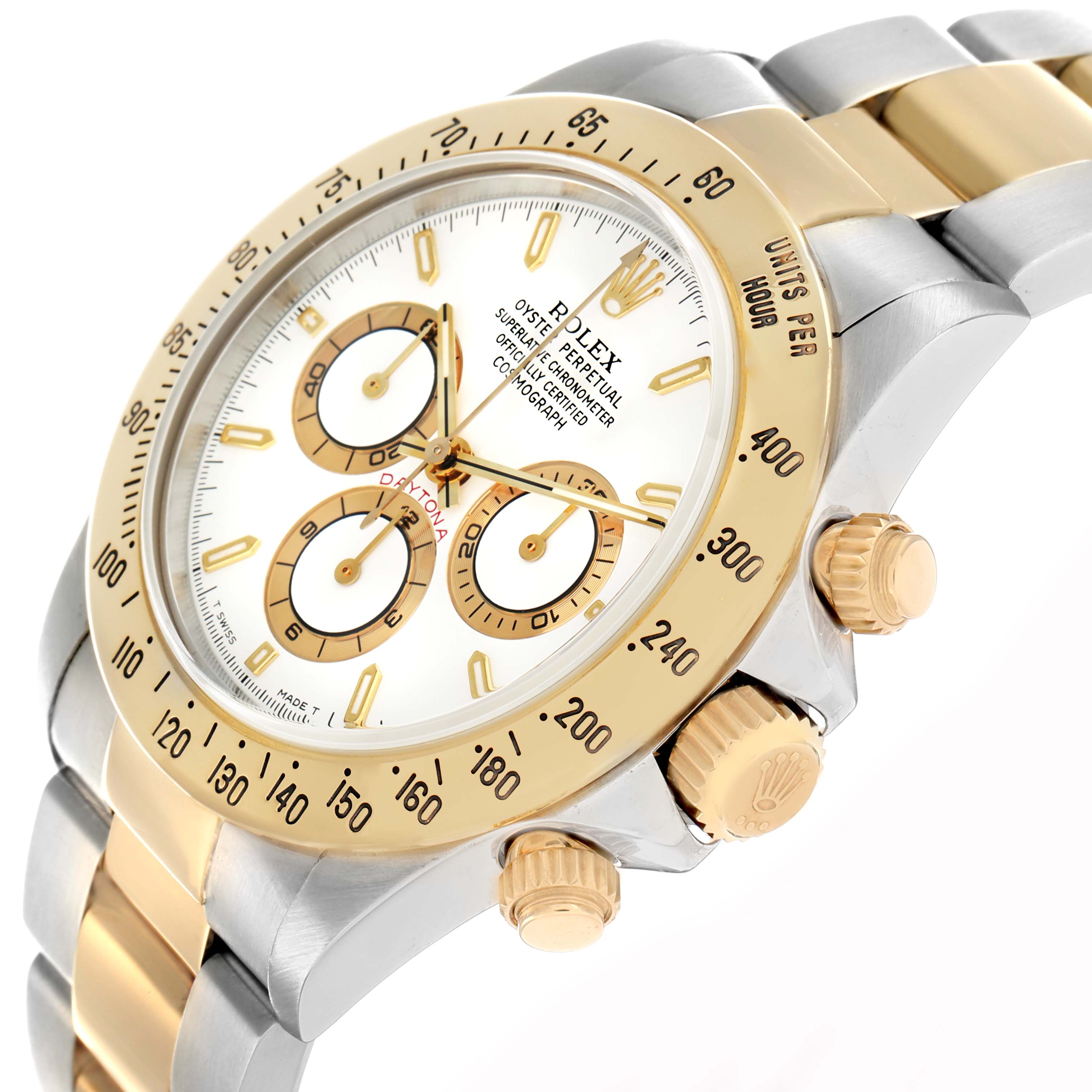 The image shows a Rolex Daytona 16523 Men
s Steel and Gold (two tone) White Dial watch at a slight angle, featuring the bezel, dial, pushers, and part of the bracelet.