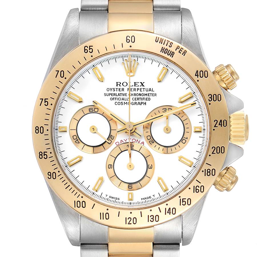 The Rolex Daytona 16523 Men's Steel and Gold (two tone) White Dial watch is shown from a front angle, highlighting its dial, bezel, and chronograph subdials.