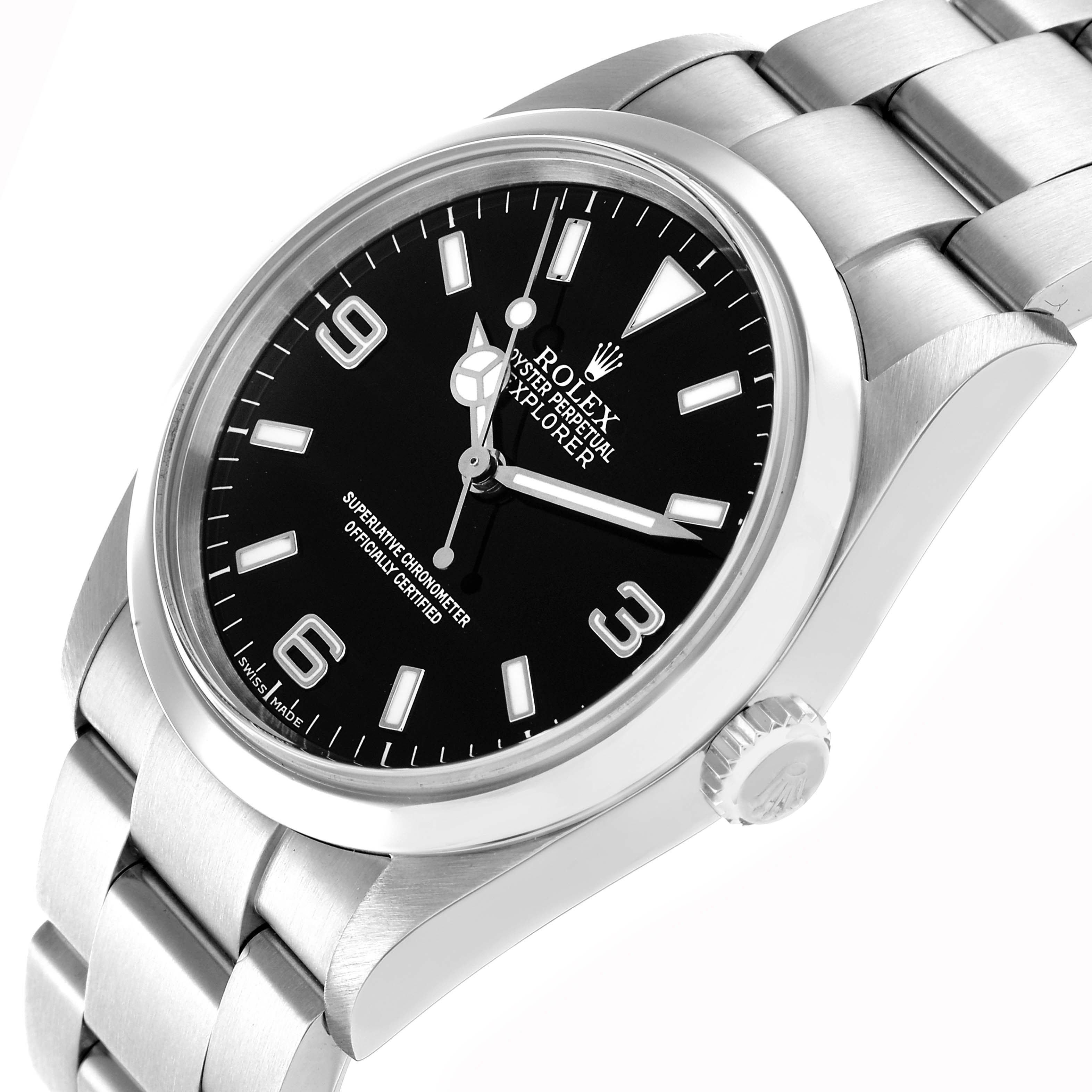 The Rolex Explorer 114270 Men
s Stainless Steel Black Dial watch is shown at a slight angle, highlighting the dial, bezel, and part of the bracelet.
