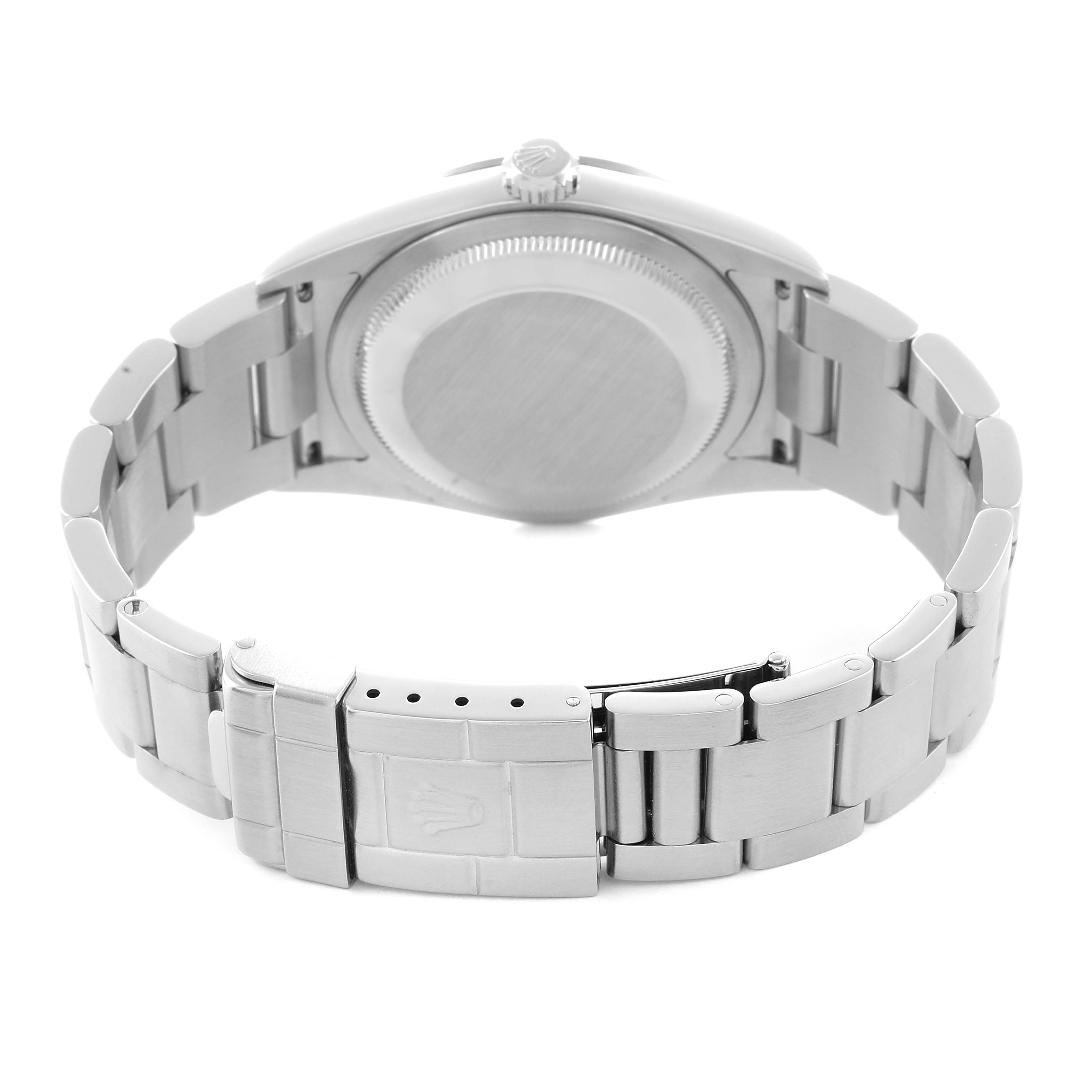 The image shows the back view of a Rolex Explorer 114270 Men
s Stainless Steel Black Dial watch, highlighting the clasp and bracelet.