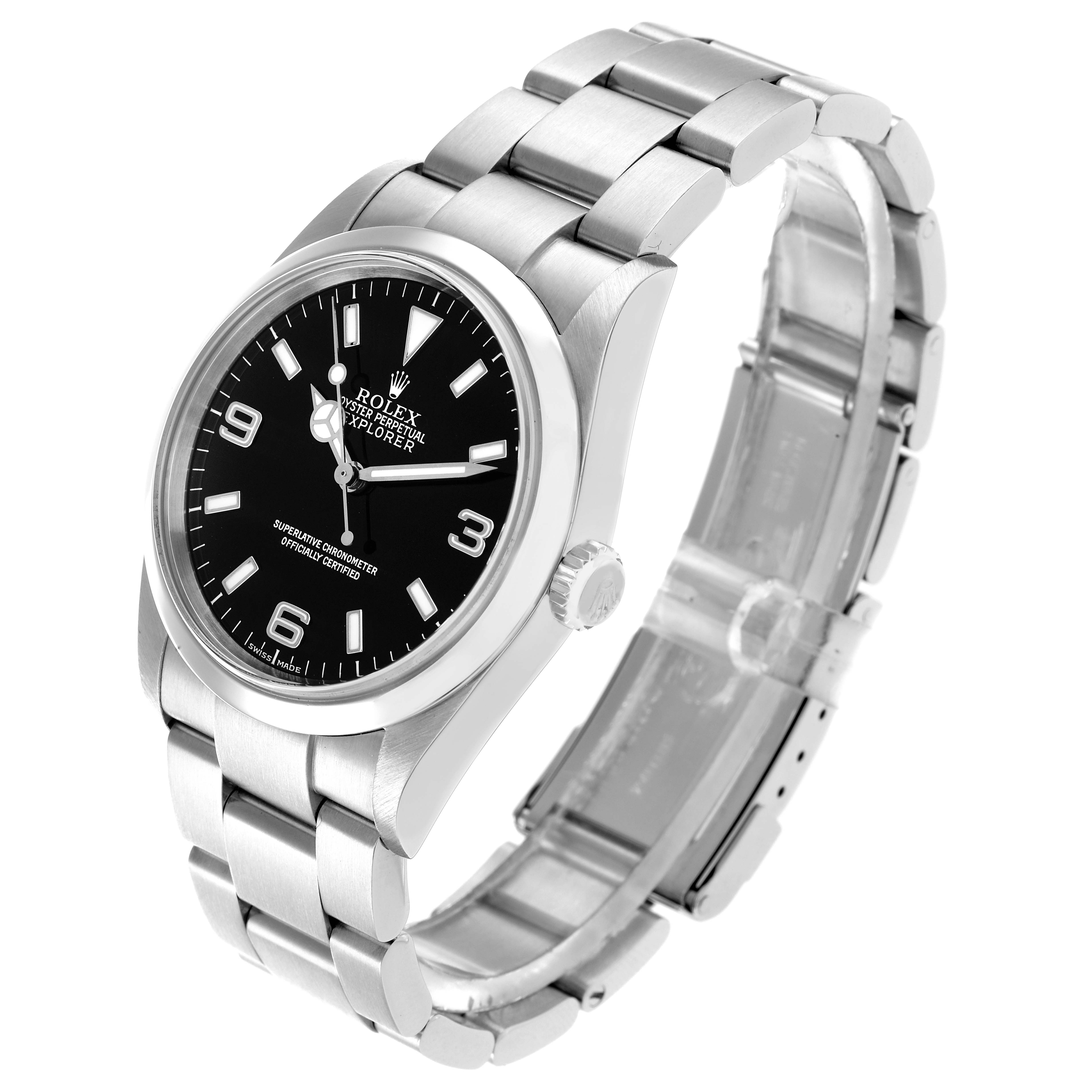 The Rolex Explorer 114270 Men
s Stainless Steel Black Dial watch is shown at a three-quarter angle displaying the dial, bezel, bracelet, and crown.
