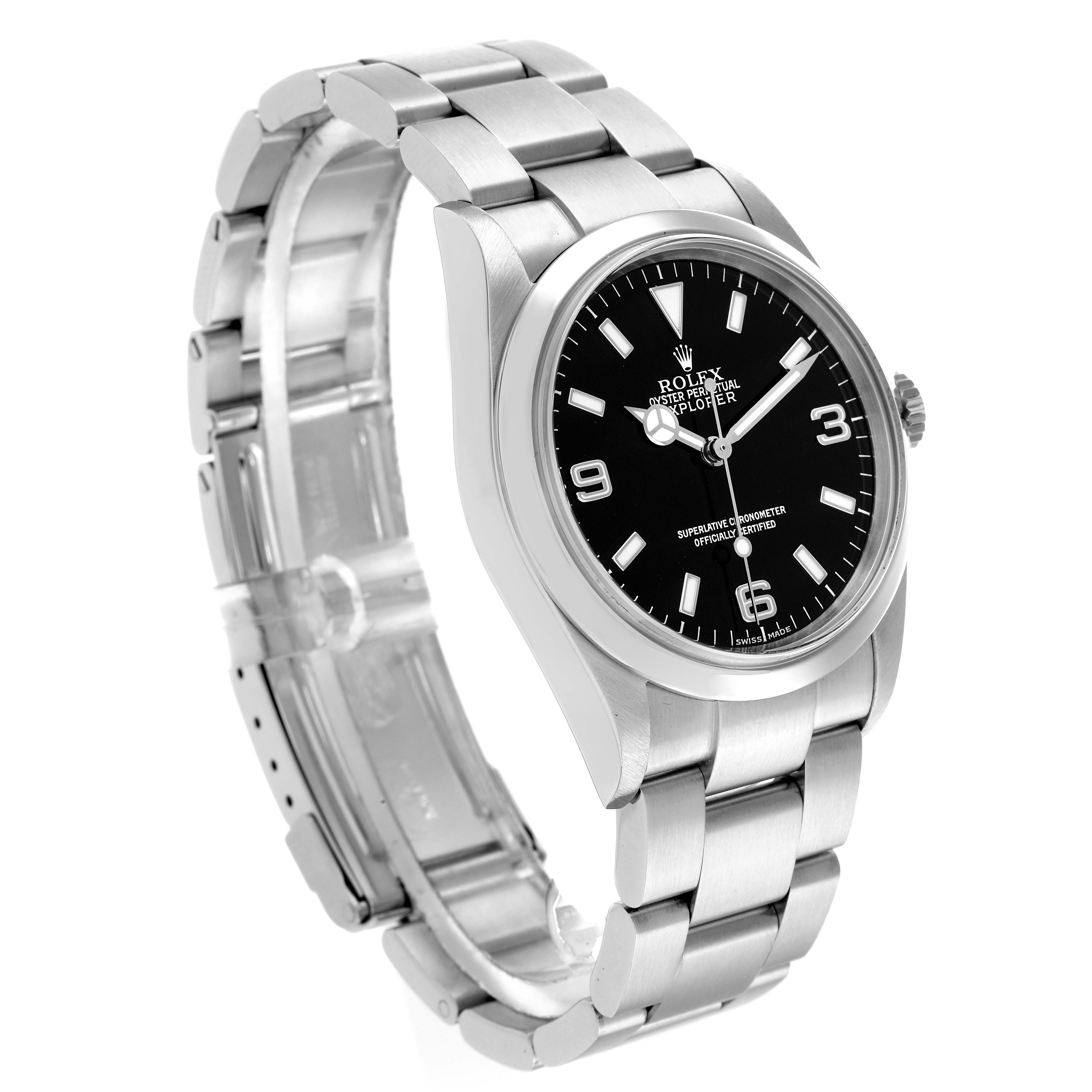 The Rolex Explorer 114270 Men
s Stainless Steel Black Dial watch is shown at a slight angle, displaying the dial, bezel, bracelet, and crown.