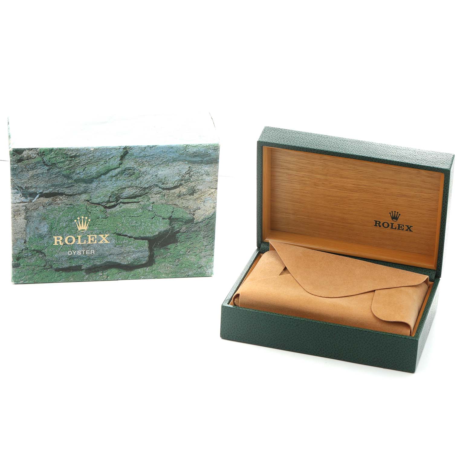 The image shows a Rolex Explorer 114270 Men
s Stainless Steel Black Dial watch box set, displaying a closed green textured case and an empty open box with branding.