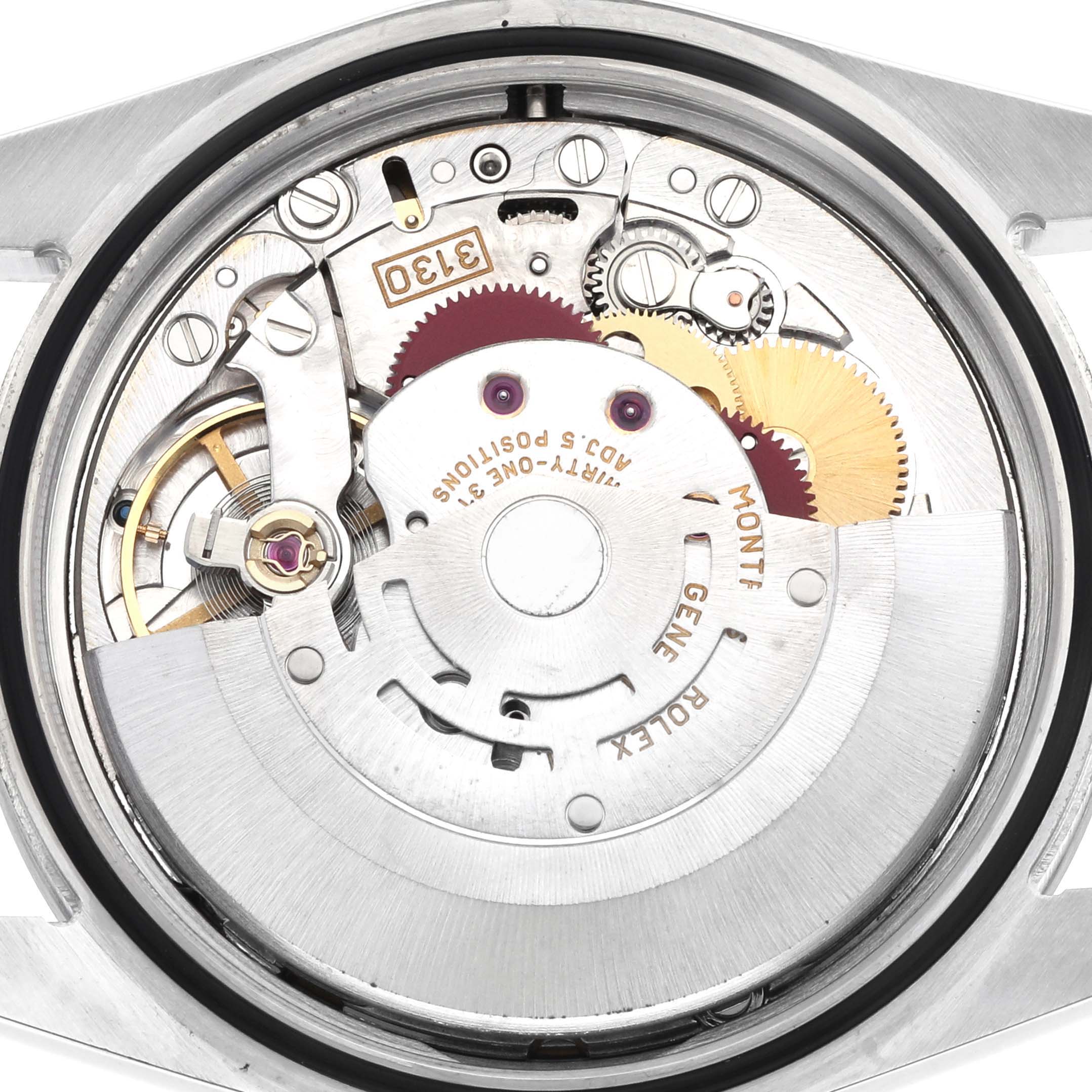 The image shows the inner mechanical movement of a Rolex Explorer 114270 Men
s Stainless Steel Black Dial watch, viewed from the back case angle.
