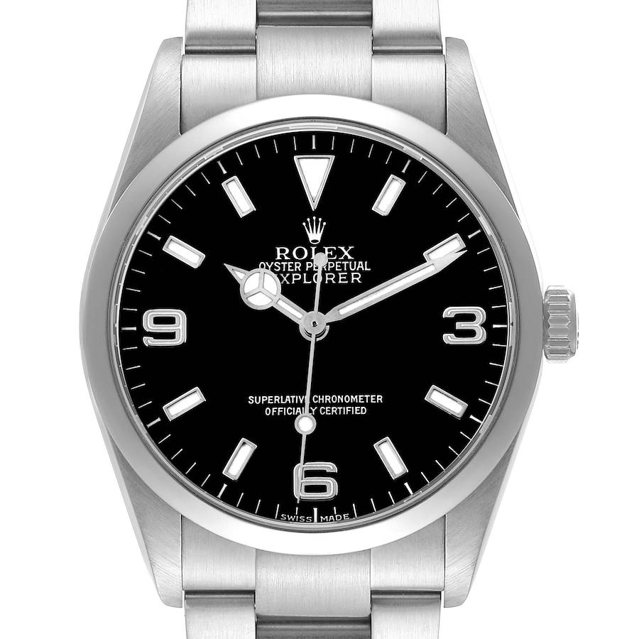 The Rolex Explorer 114270 Men's Stainless Steel Black Dial watch is shown from a front angle, highlighting the dial, bezel, case, and bracelet.