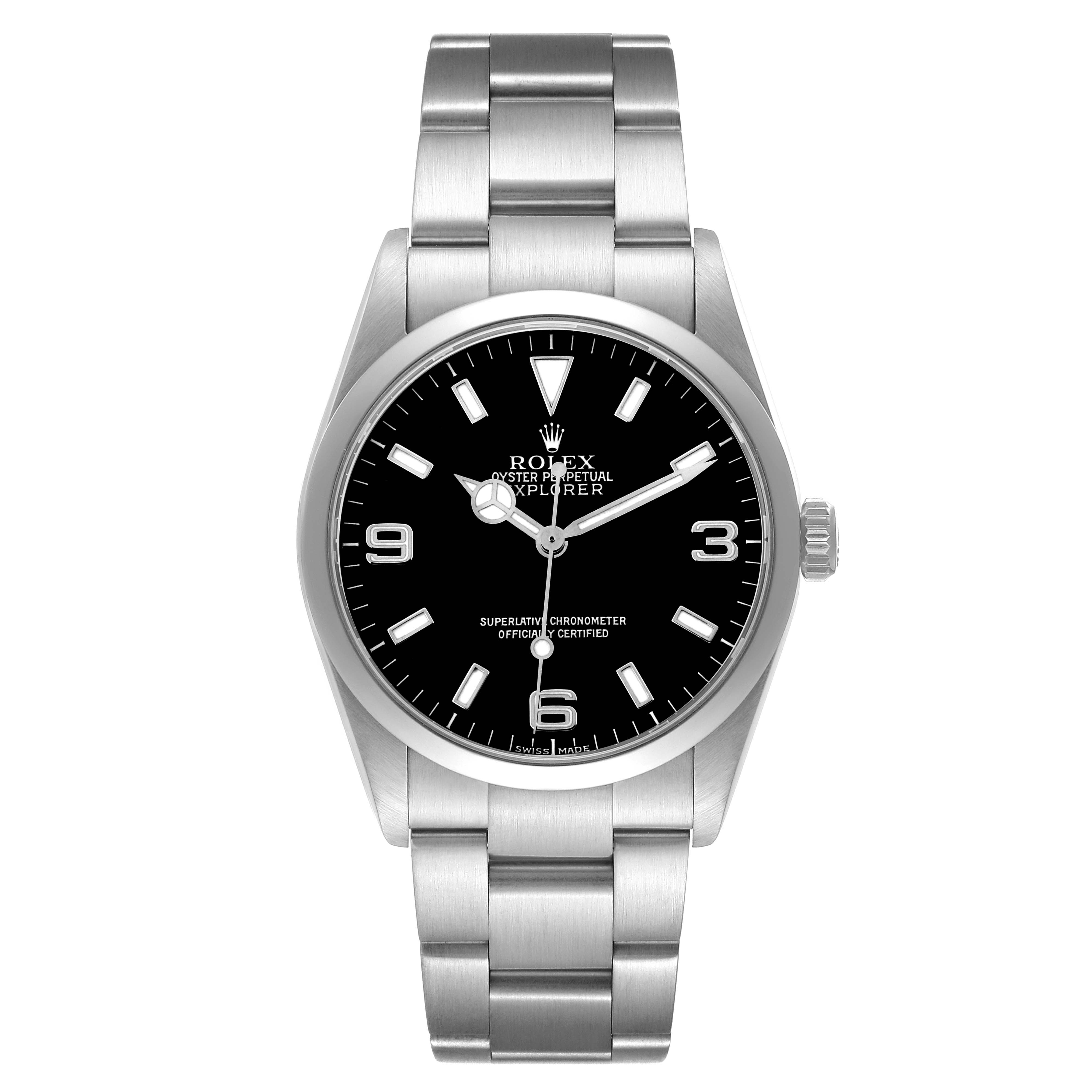 The Rolex Explorer 114270 Men
s Stainless Steel Black Dial watch is shown from a front view, displaying the dial, bezel, case, and bracelet.