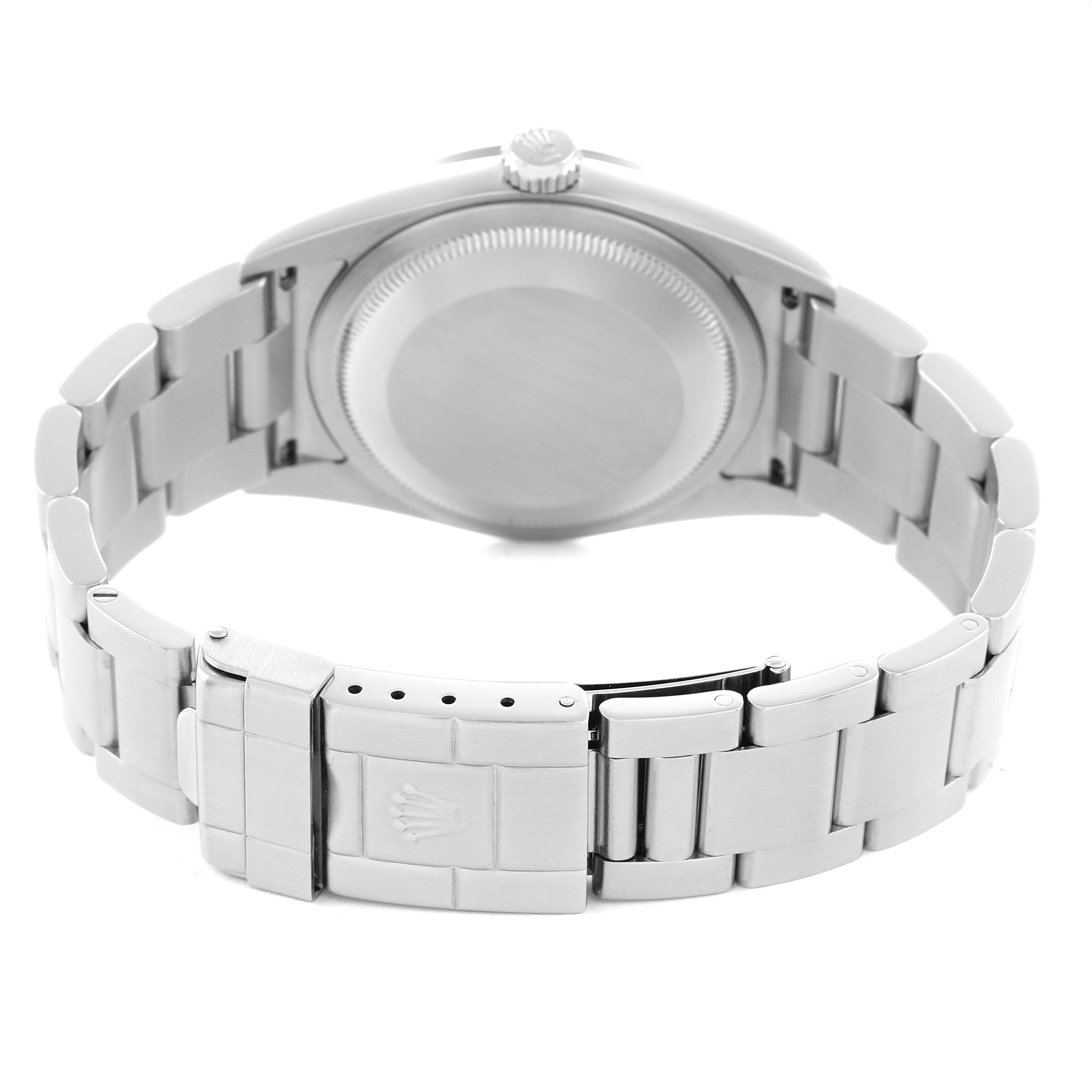 The image shows the back case and bracelet of a Rolex Explorer 114270 Men
s Stainless Steel Black Dial watch from a rear angle.