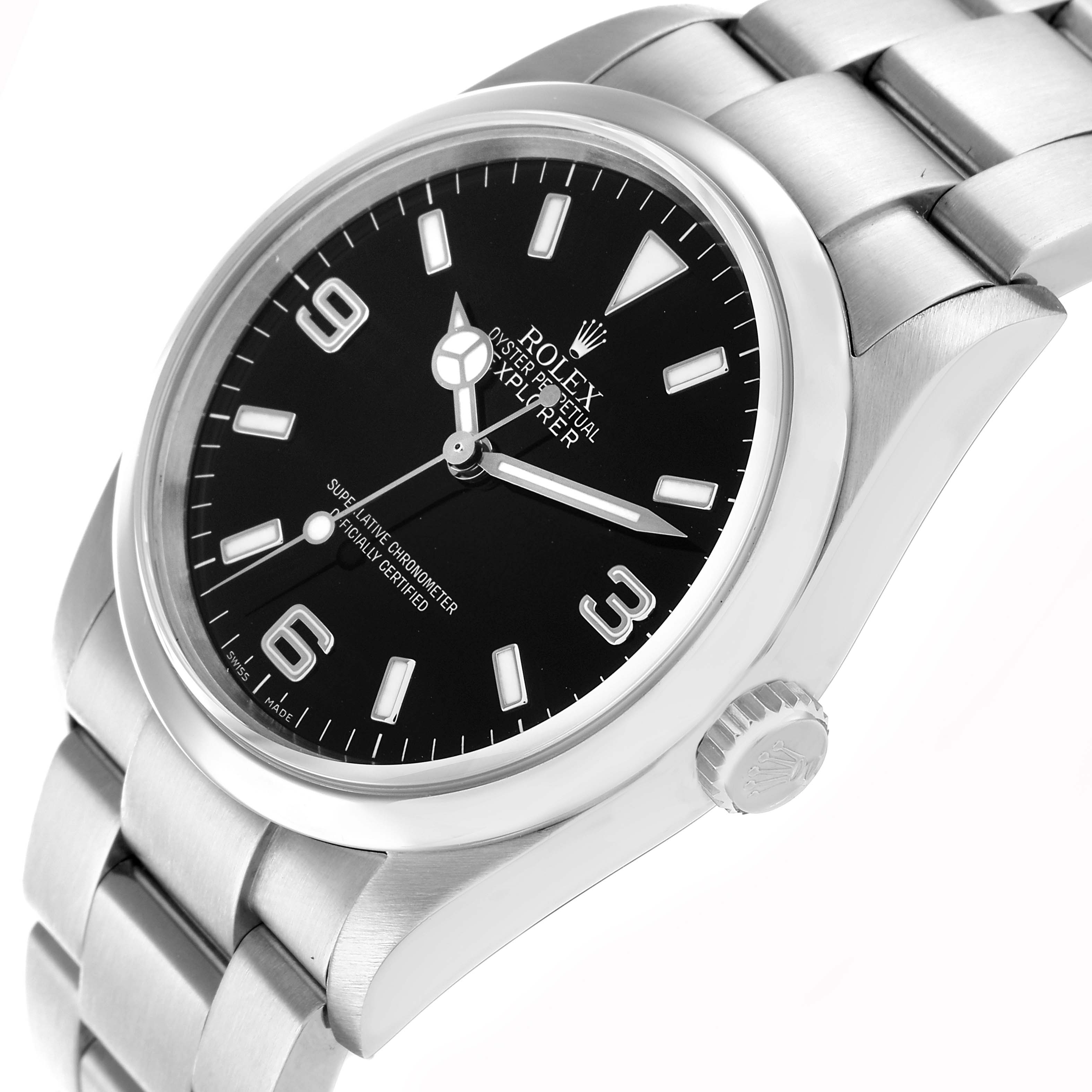 The image shows a Rolex Explorer 114270 Men
s Stainless Steel Black Dial watch at an angle displaying the dial, bezel, crown, and part of the bracelet.