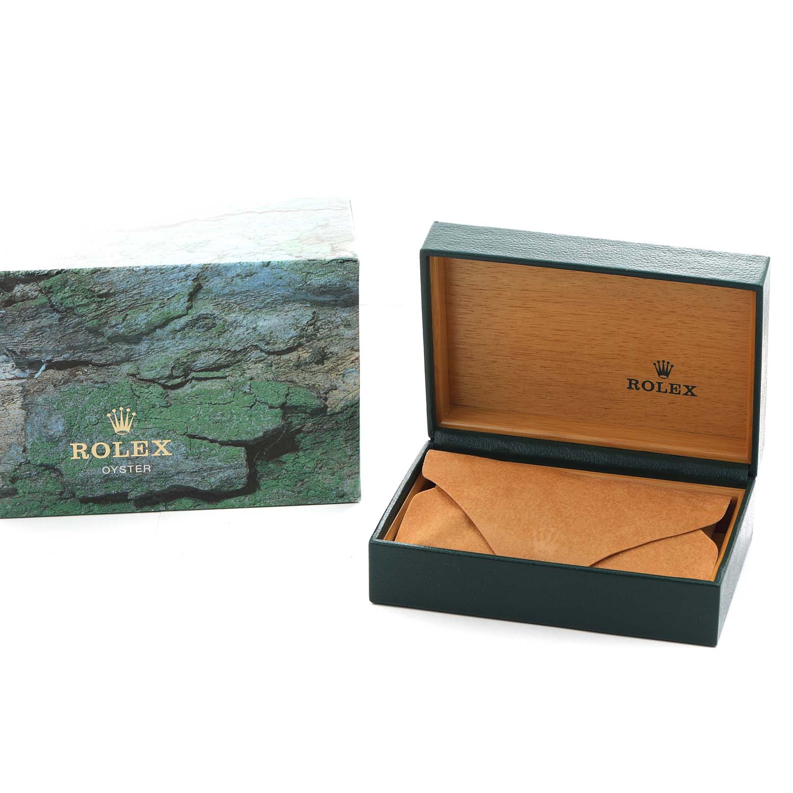 The image shows a Rolex Explorer 114270 Men
s Stainless Steel Black Dial box and packaging, with the box lid open to reveal a suede cushion inside.