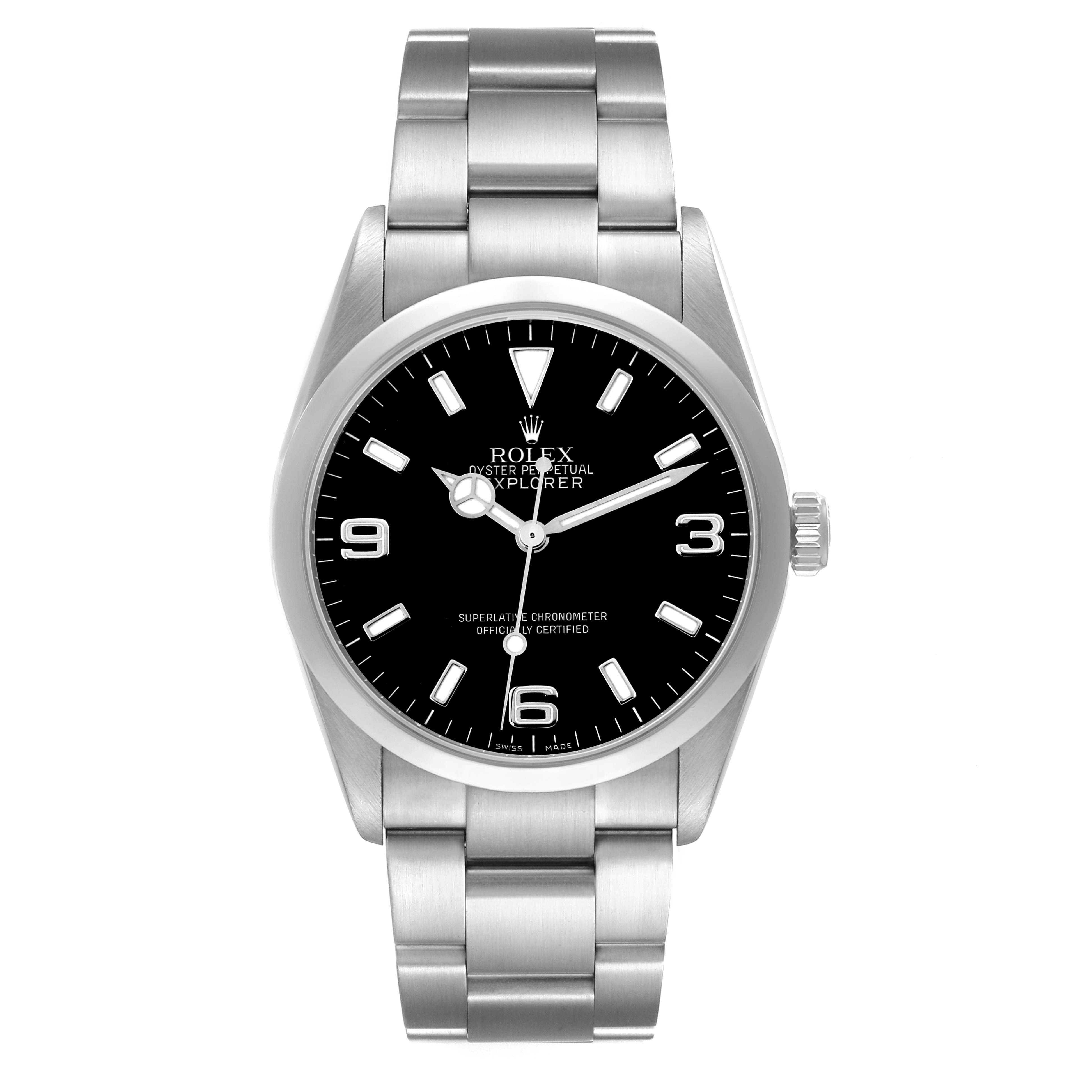 The Rolex Explorer 114270 Men
s Stainless Steel Black Dial watch is shown from a front angle, displaying the dial, bezel, casing, crown, and bracelet.