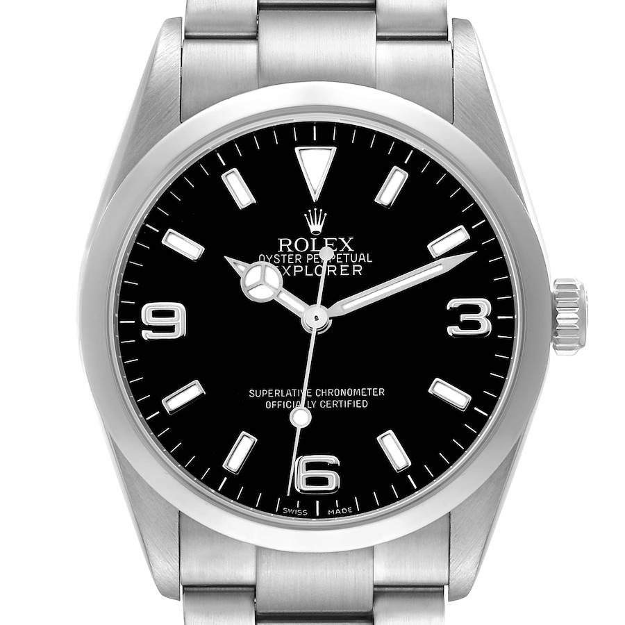 The Rolex Explorer 114270 Men's Stainless Steel Black Dial watch is shown from a front angle, highlighting the dial, case, crown, and part of the bracelet.