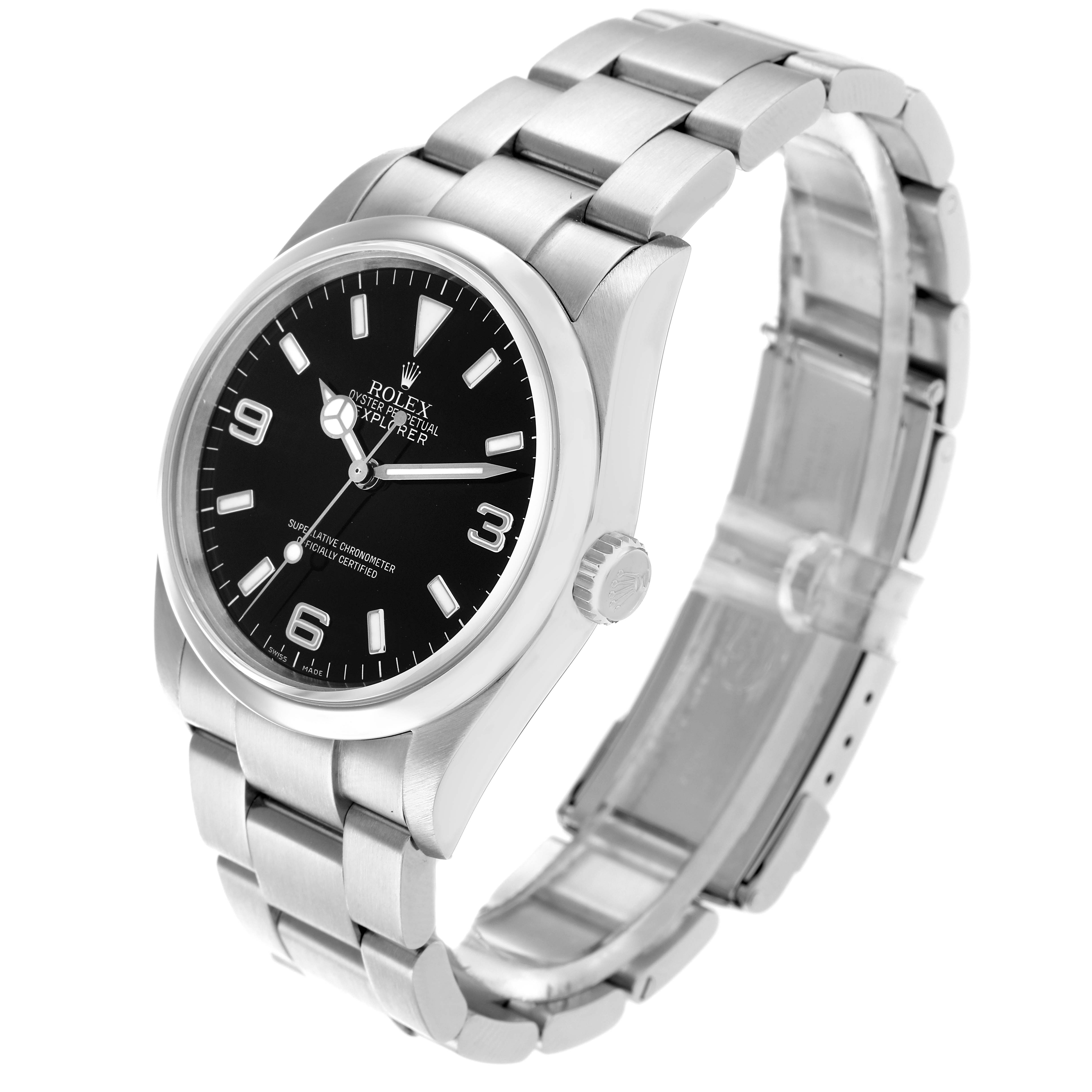 The Rolex Explorer 114270 Men
s Stainless Steel Black Dial watch is shown at an angled side view, highlighting the bracelet, case, and dial.