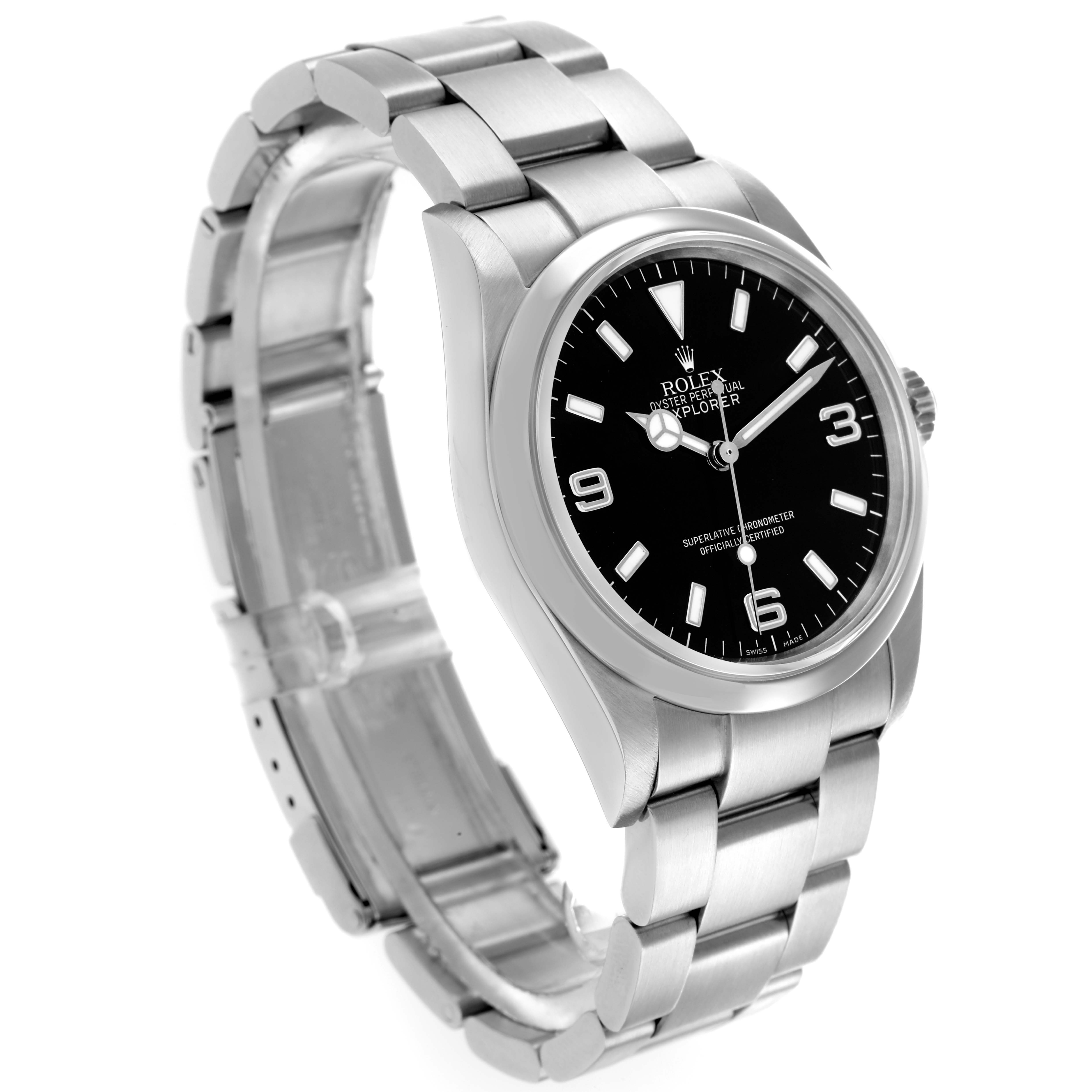 The Rolex Explorer 114270 Men
s Stainless Steel Black Dial watch is shown at a three-quarter angle, highlighting the black dial, case, and stainless steel bracelet.