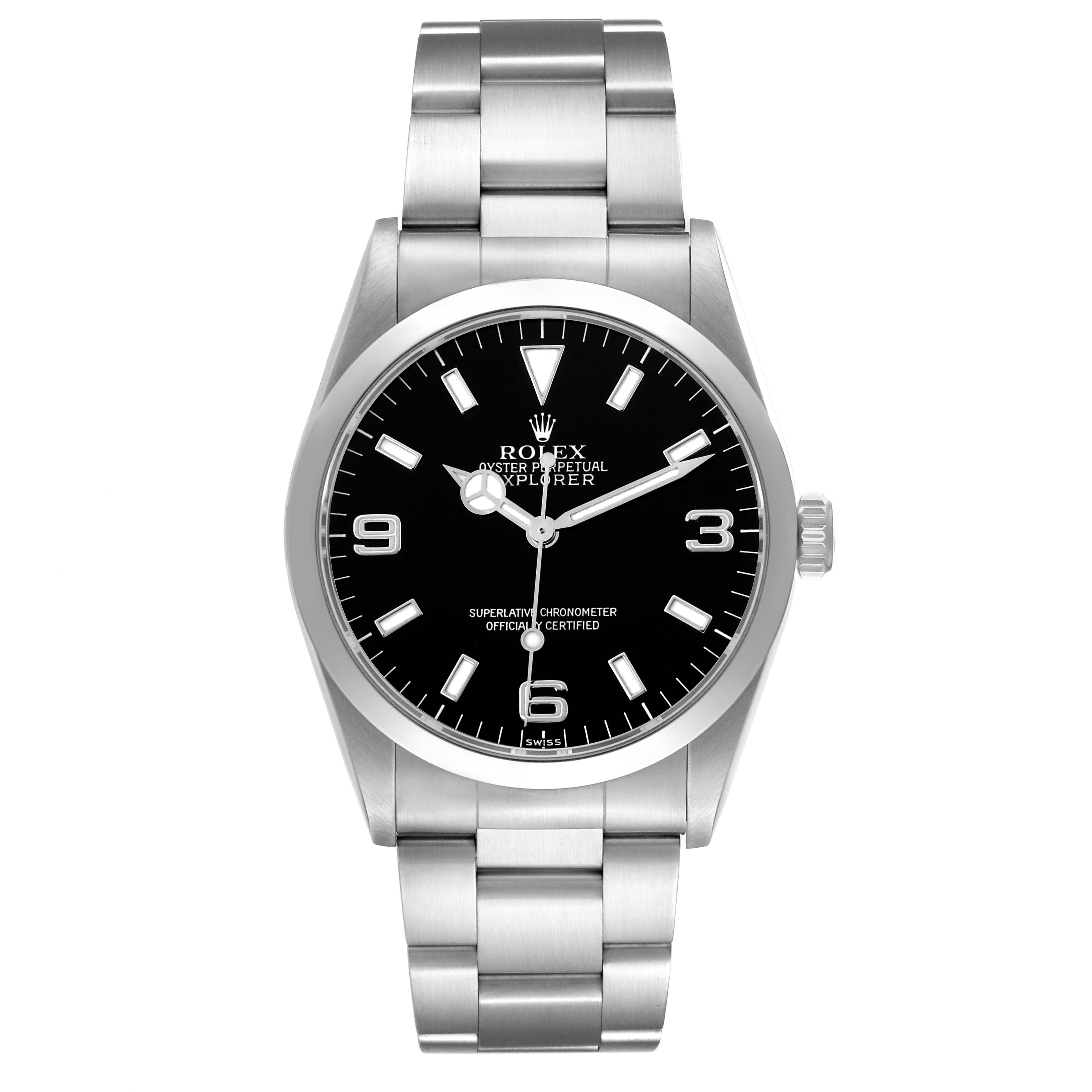 The Rolex Explorer 14270 Men
s Stainless Steel Black Dial watch is shown from the front, highlighting the face, markers, bezel, and part of the bracelet.
