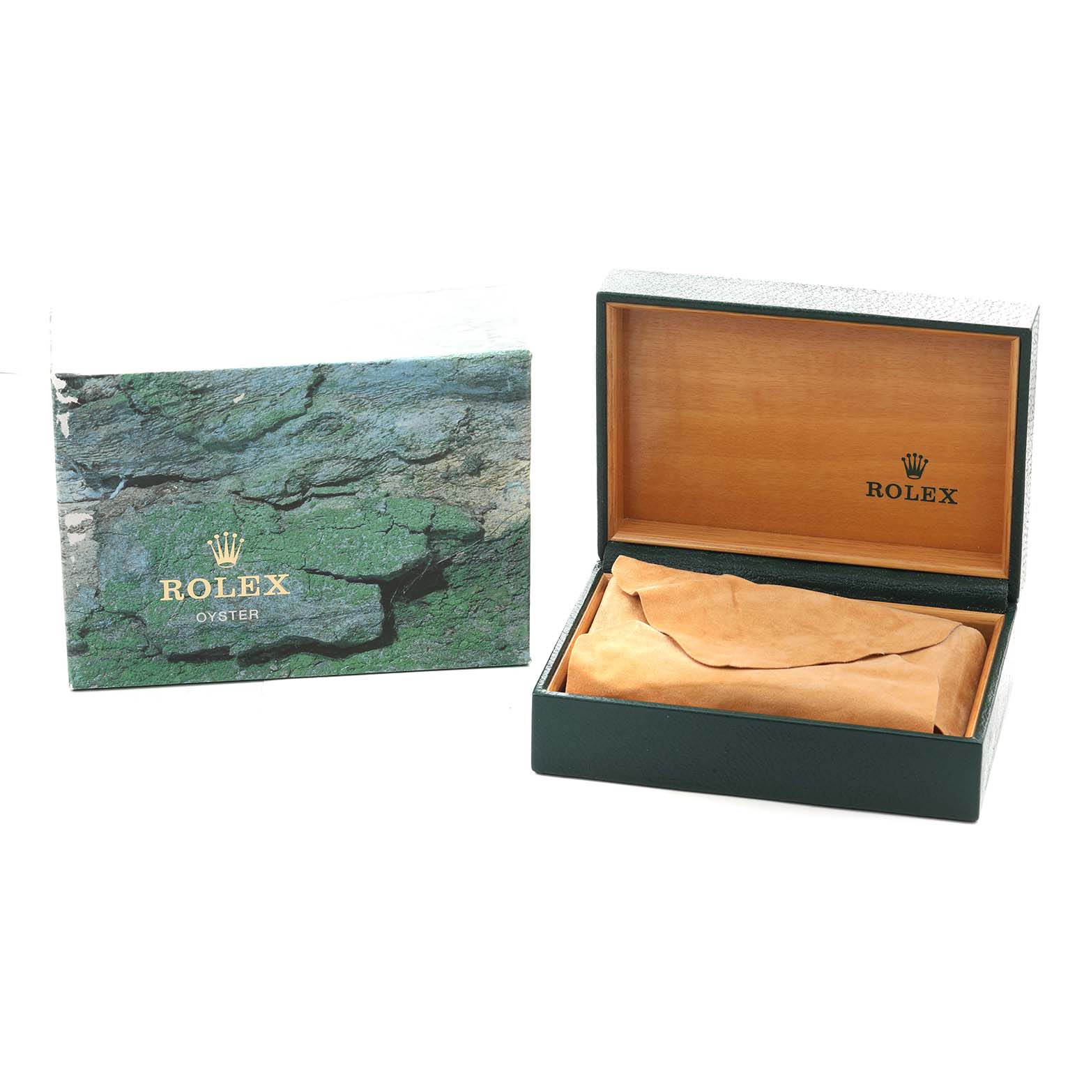 The image shows the Rolex Explorer 14270 Men
s Stainless Steel Black Dial model packaging, featuring an open box with a cloth inside and a closed outer box.