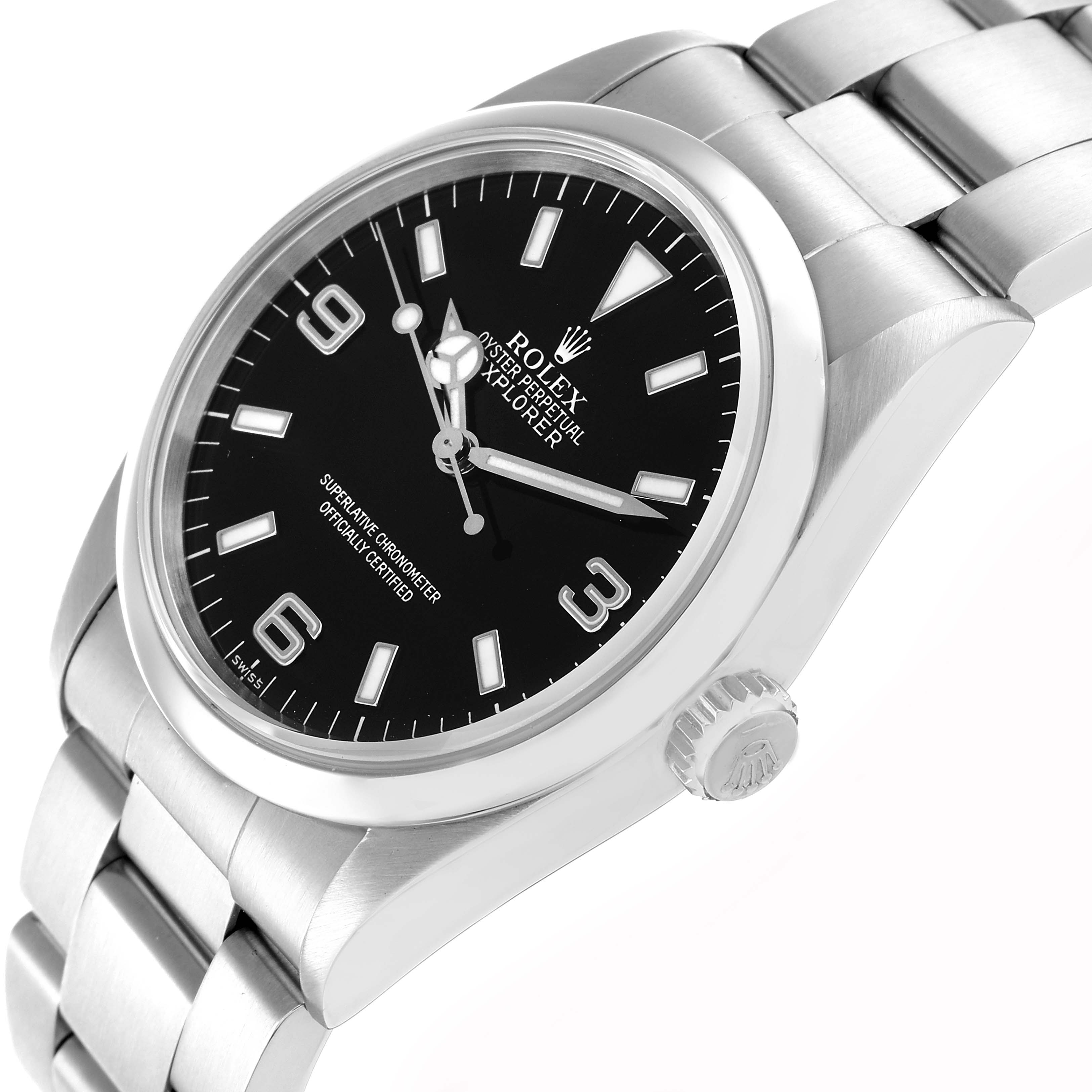 The Rolex Explorer 14270 Men
s Stainless Steel Black Dial watch is shown at a three-quarter angle, displaying the black dial, hour markers, crown, and part of the bracelet.