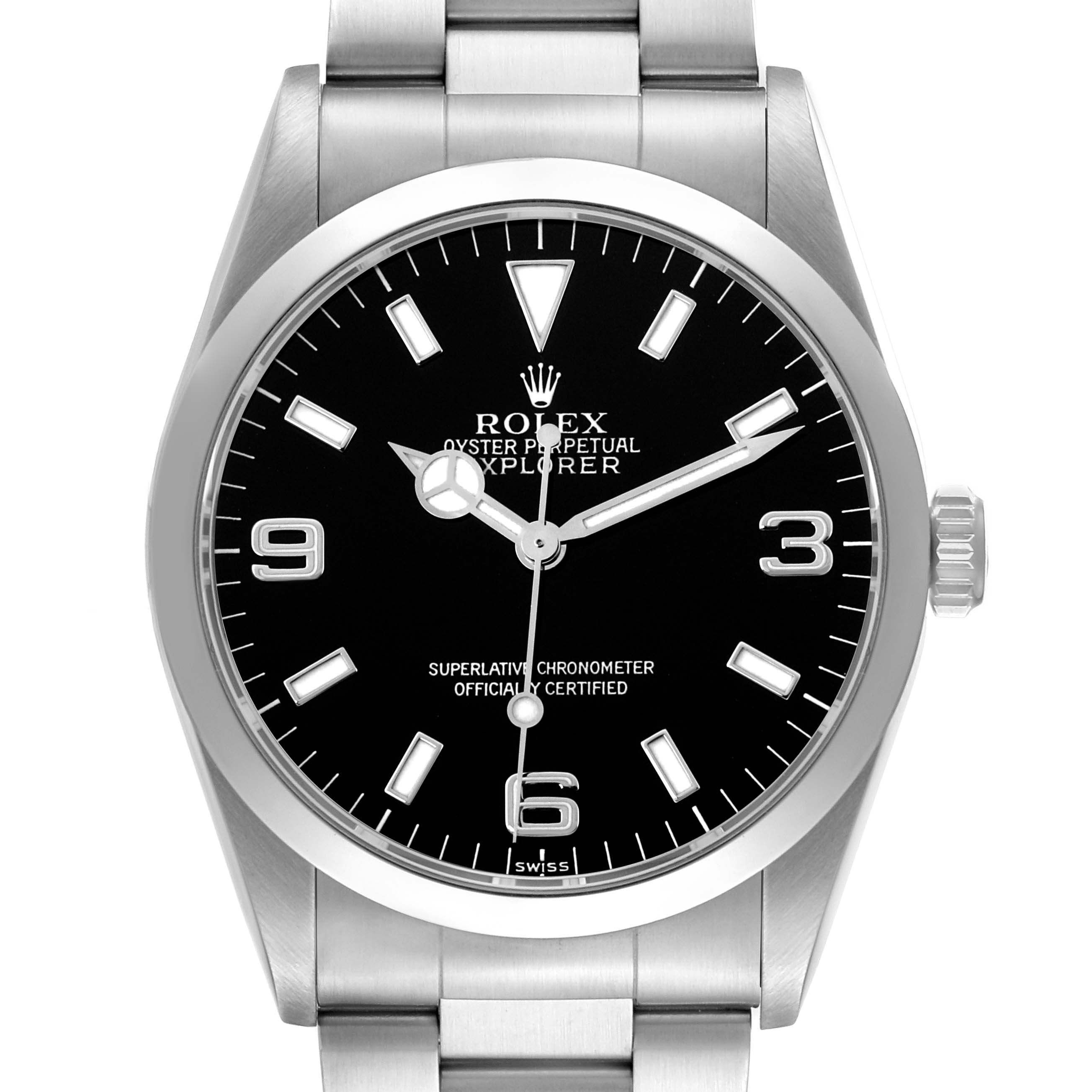 The Rolex Explorer 14270 Men
s Stainless Steel Black Dial watch is shown from the front, highlighting its black dial, silver hour markers, hands, and stainless steel bracelet.