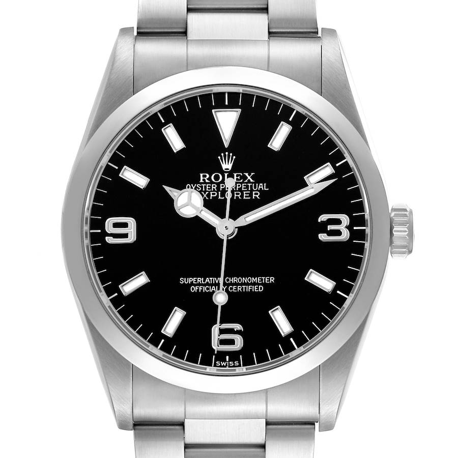 The Rolex Explorer 14270 Men's Stainless Steel Black Dial watch is shown from the front, highlighting its black dial, silver hour markers, hands, and stainless steel bracelet.