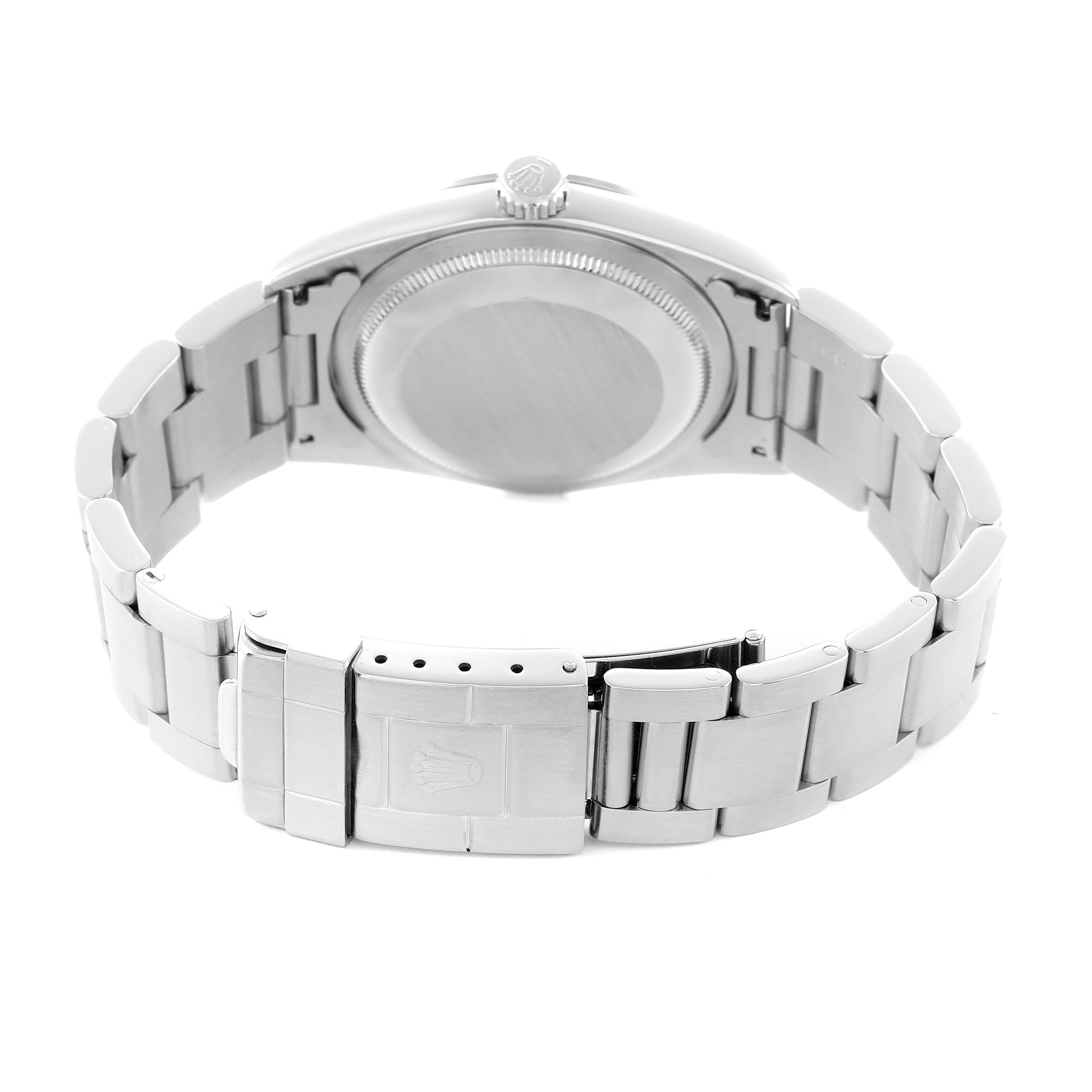 The image shows the back case and bracelet clasp of a Rolex Explorer 14270 Men
s Stainless Steel Black Dial watch from a rear angle.