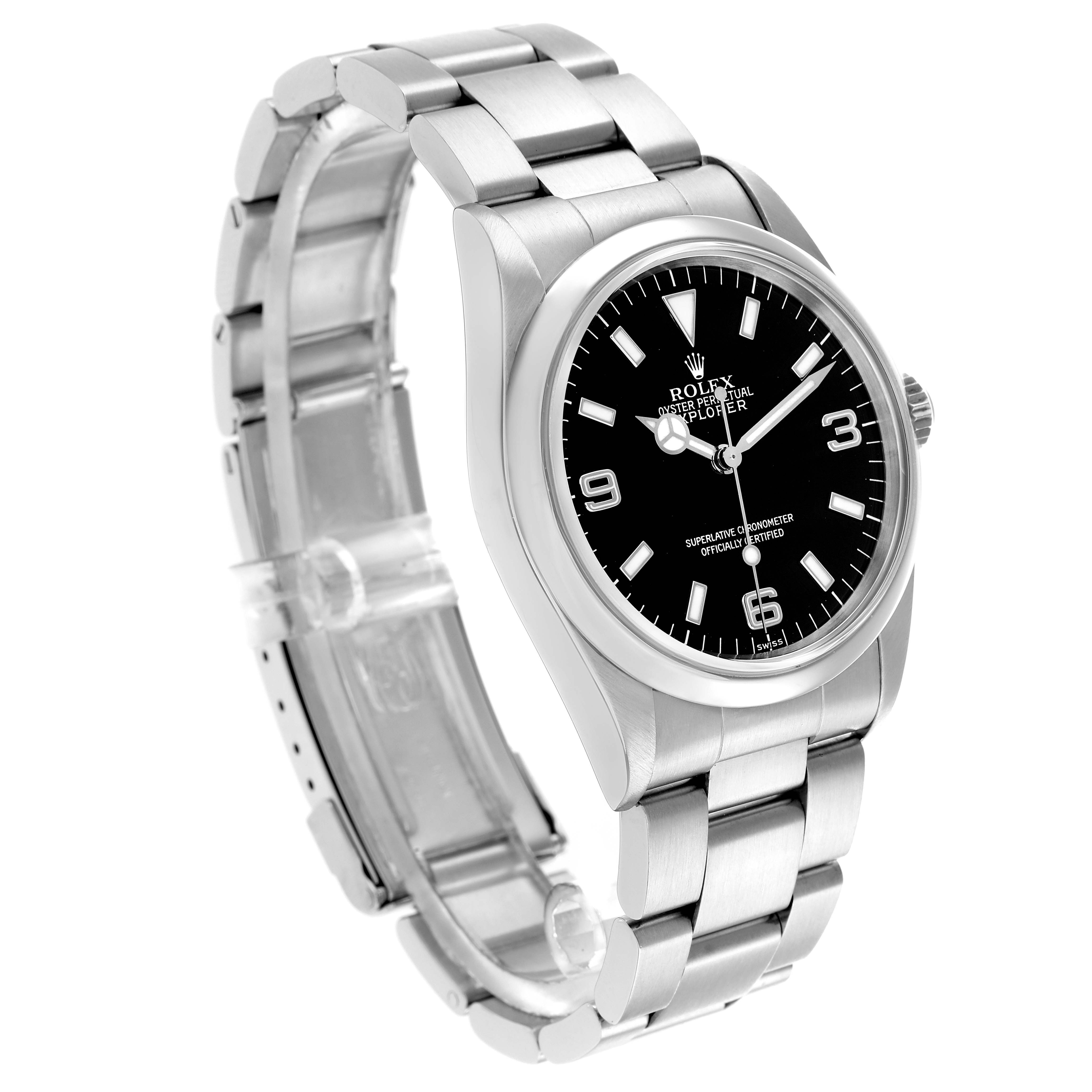 The Rolex Explorer 14270 Men
s Stainless Steel Black Dial watch is shown at an angled side view, displaying the face, bezel, crown, and part of the bracelet.
