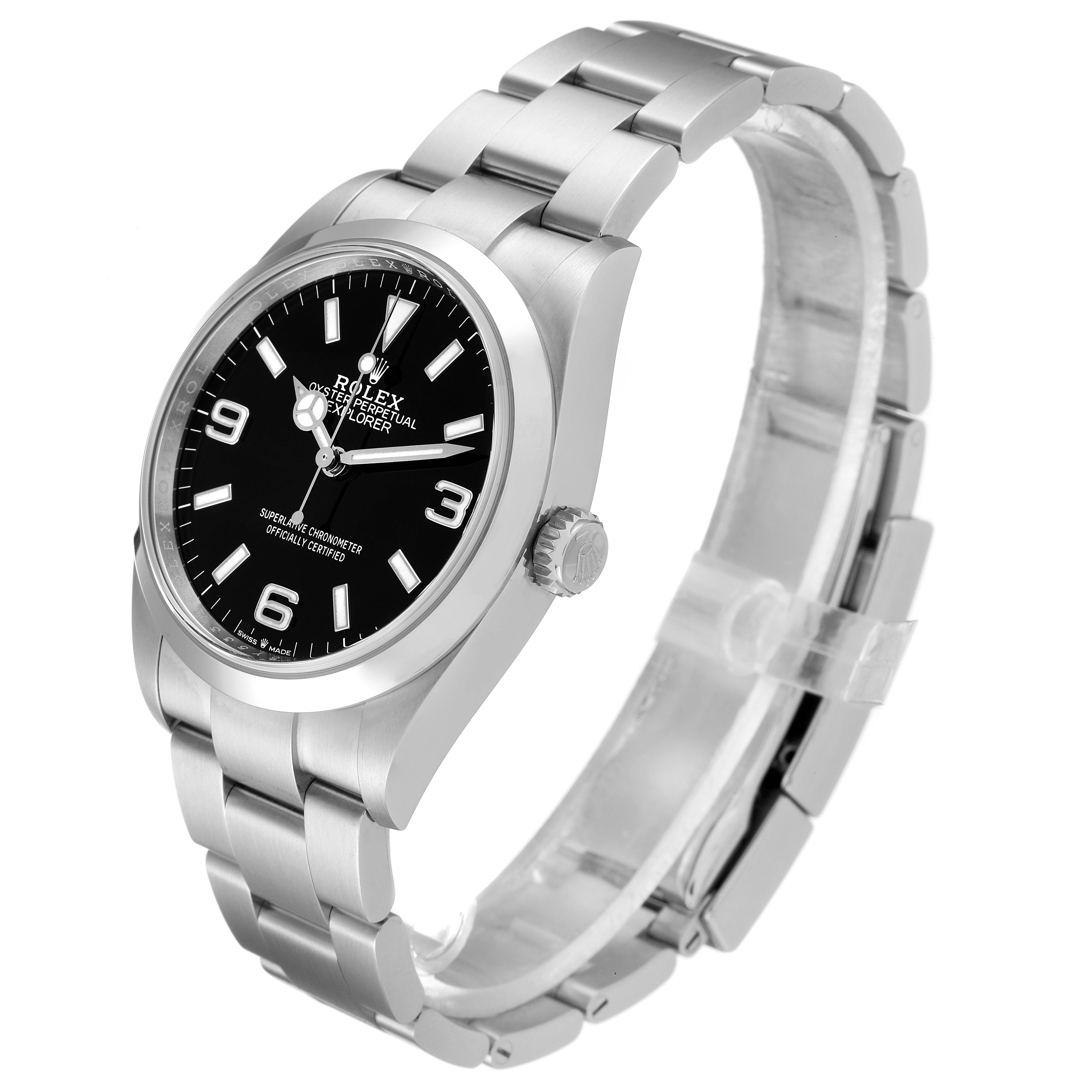 The Rolex Explorer 124270 Men's Stainless Steel Black Dial 124270 Men's Stainless Steel Black Dial watch is shown at a three-quarter angle, displaying the face, bezel, crown, and steel bracelet.