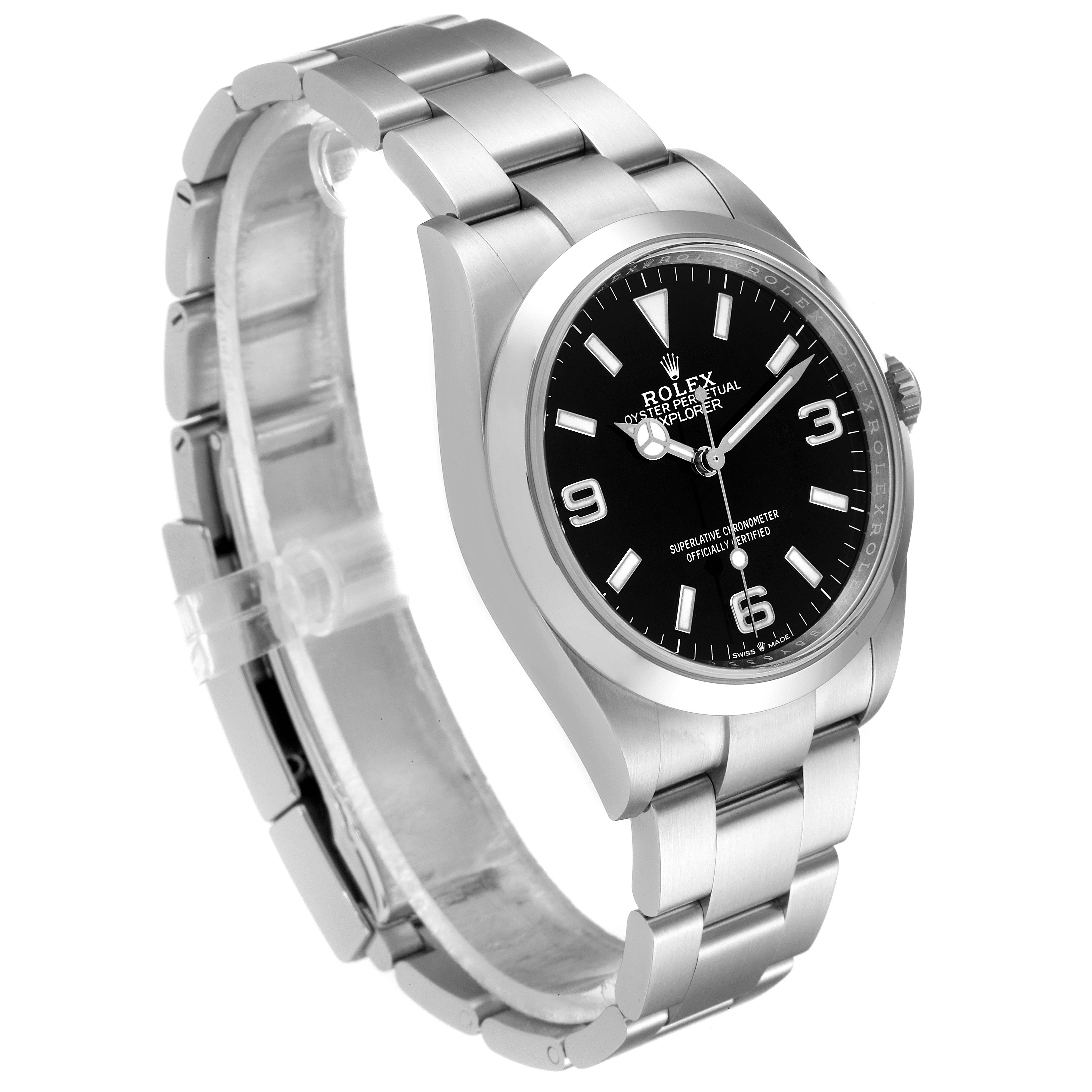 The Rolex Explorer 124270 Men's Stainless Steel Black Dial 124270 Men's Stainless Steel Black Dial watch is shown at a slight angle displaying the face, bracelet, and clasp.